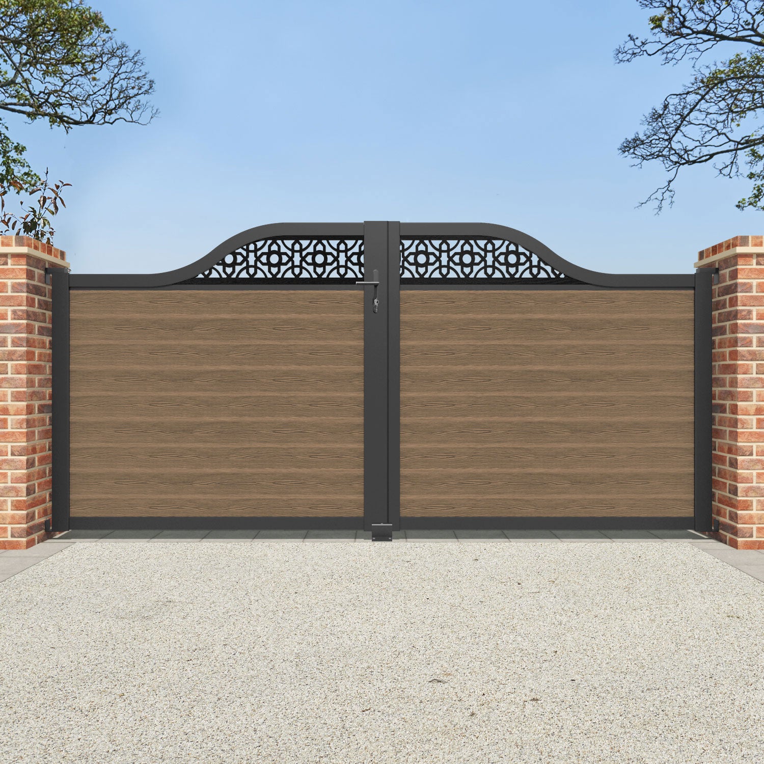 Classic Nabila Teak Wood Curved Top Driveway Gate with Decorative Screen - Perfect for Garden Entry, Estate Security & Luxury Home Enhancement