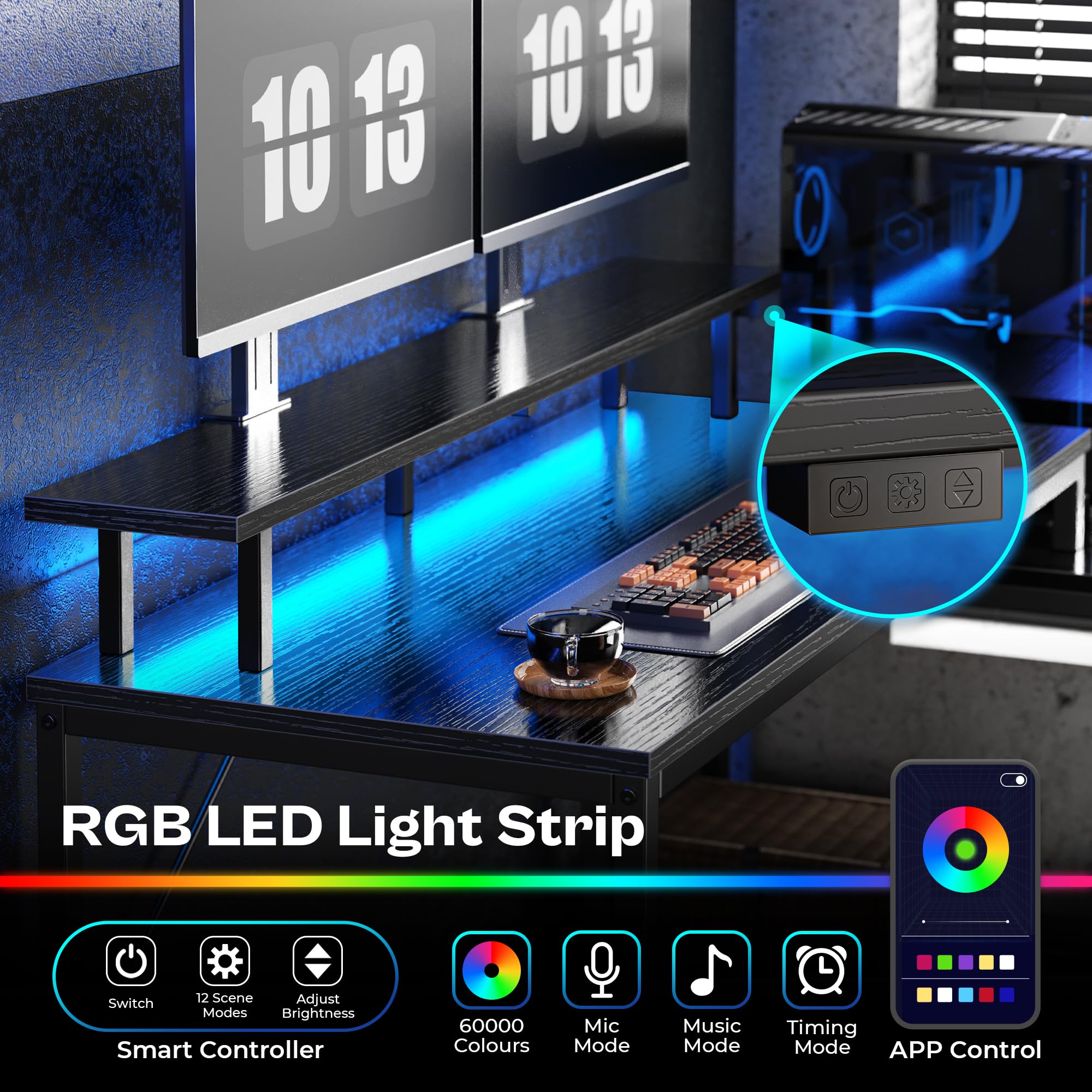 Huuger Reversible L-Shaped Computer Desk with Drawers & LED Lights - Gaming Desk with Power Outlets & Storage Shelves - Ergonomic Home Office Desk for Work & Study (Black) - Perfect for Small Spaces & Multi-Monitor Setups
