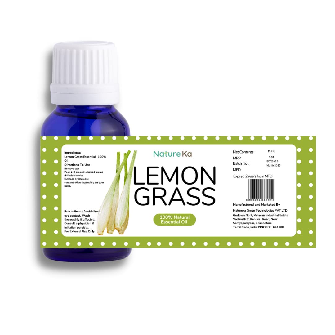 Natureka Lemongrass Essential Oil - 100% Pure Natural, Chemical-Free, Aromatherapy Grade for Diffusers, Massage & Relaxation | 15ml Bottle for Home Spa, Yoga & Stress Relief