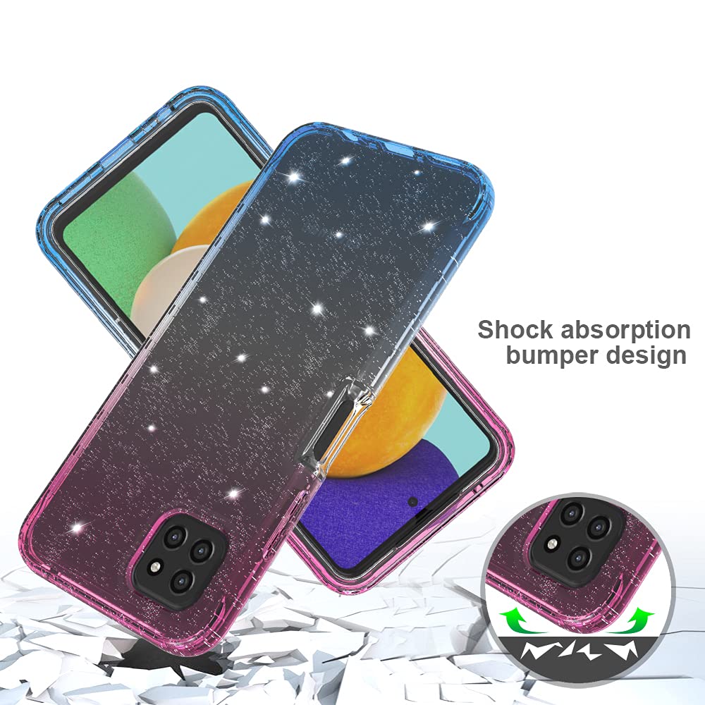 Samsung Galaxy A22 5G Phone Case with Built-in Screen Protector - Shockproof Hybrid Clear TPU Bumper Cover | Heavy Duty Protection | Glitter Pink & Blue Design | Perfect for Outdoor Activities, Travel & Daily Use