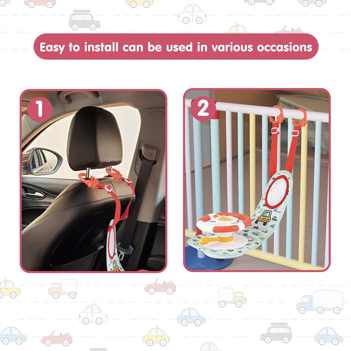 Best Baby Car Seat Toys for Infants & Toddlers - Soft Mirror & Toy Keys with Music, Lights & Driving Sounds - Safe Carseat Steering Wheel Toy for Road Trips & Travel Entertainment