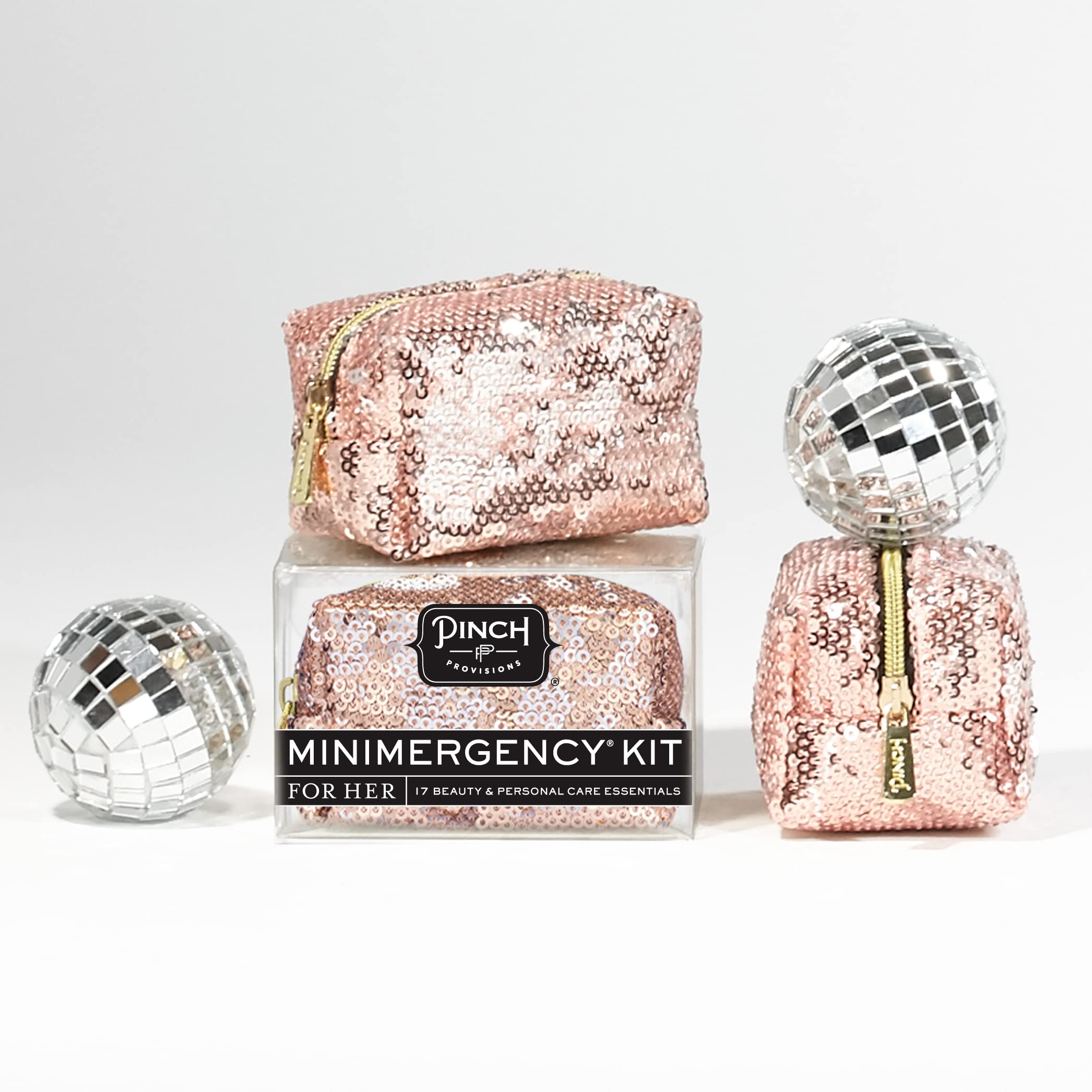 Pinch Provisions Rose Gold Sequin Minimergency Kit - 17 Travel-Sized Cosmetic Essentials | Compact Purse Organizer, Emergency Beauty Accessories | Perfect Gift for Holidays, Birthdays & Travel | Great for On-the-Go Touch Ups, Bridal Emergency Kit & Office Essentials