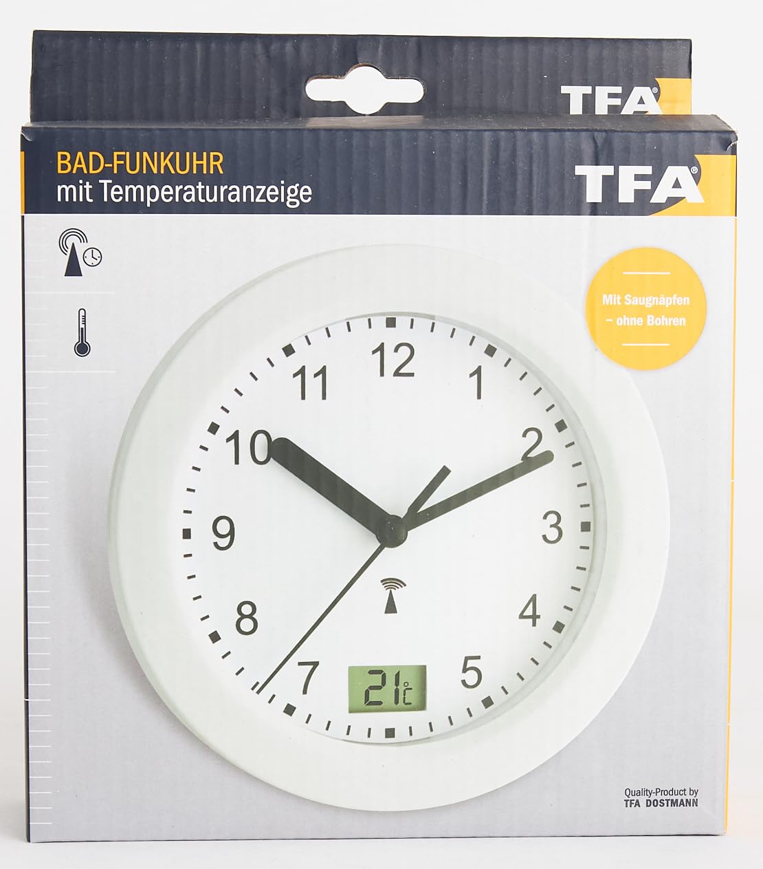 60.3501 Waterproof Bathroom Radio Alarm Clock with High-Precision Timekeeping, Large Suction Cups - Perfect for Shower, Bathroom & Bedroom Use