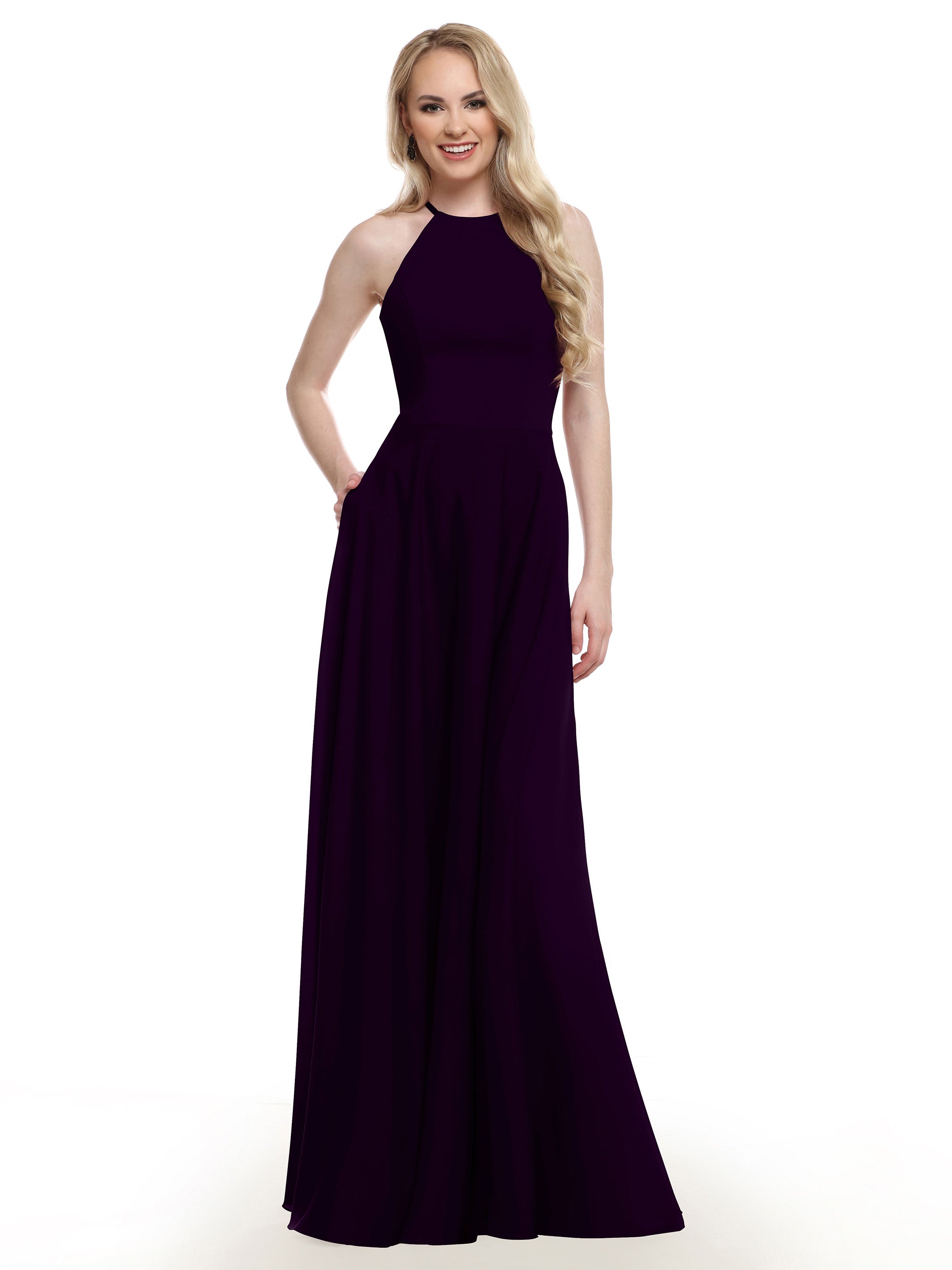 Elegant 83022 Stretch Chiffon Halter A-Line Bridesmaid Dress with Pockets - Perfect for Weddings, Parties & Formal Events