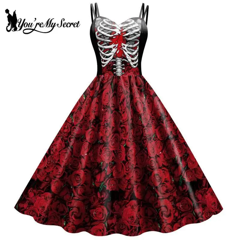 Gothic Skeleton Halloween Dress for Women - Elegant Black Rockabilly Costume for Halloween Parties, Carnival, Cosplay & Horror Themed Events