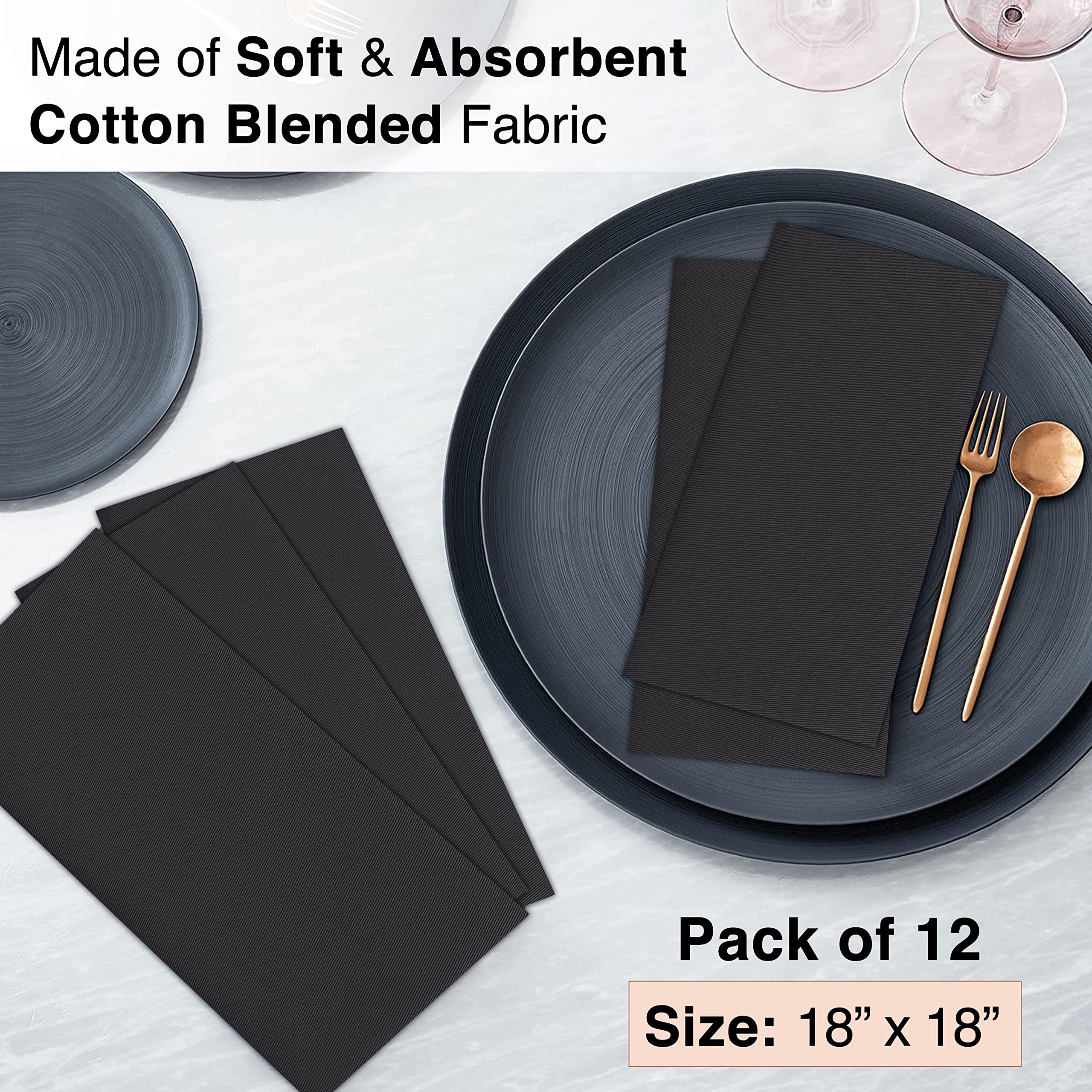 Premium 12-Pack Ruvanti 18x18 Inch Cotton Blend Cloth Napkins - Soft, Durable & Highly Absorbent Washable Dinner Napkins for Restaurants, Weddings, Parties & Everyday Use - Elegant Black Table Linens for Fine Dining & Special Events