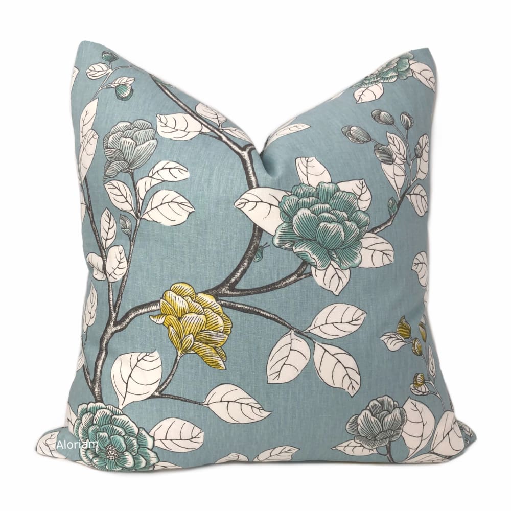Dwell Studio Robert Allen Leda Peony Aquatint Gray Aqua White Yellow Decorative Pillow Cover - Perfect for Sofa, Bed, Couch & Home Decor