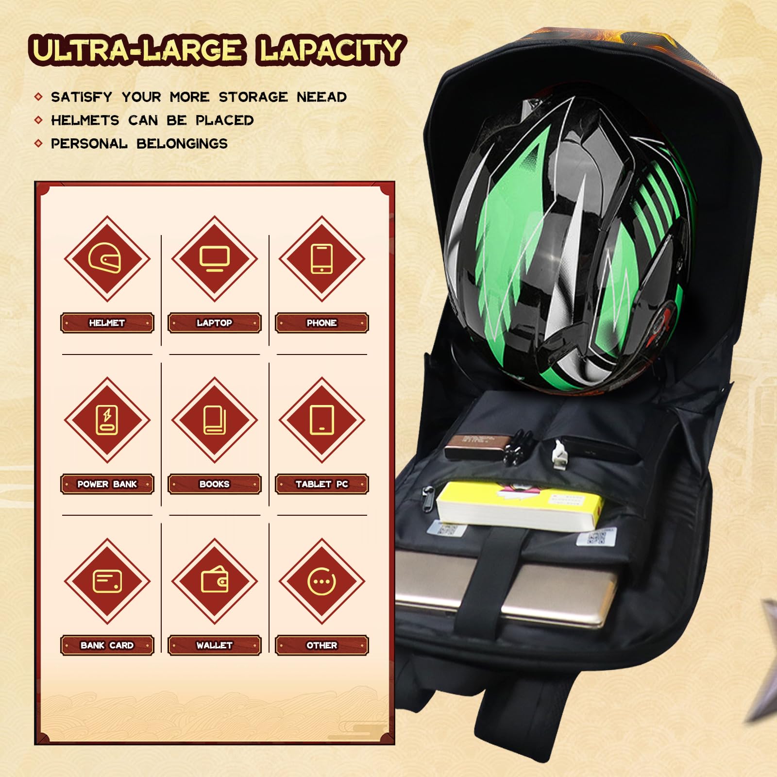 Gelrova Motorcycle Backpack for Men - LED Backpack with Programmable Screen, Hard Shell Waterproof Helmet Bag & Large Capacity Laptop Backpack (19inch) - Flaming Knight Design - Perfect for Commuting, Travel & Outdoor Adventures