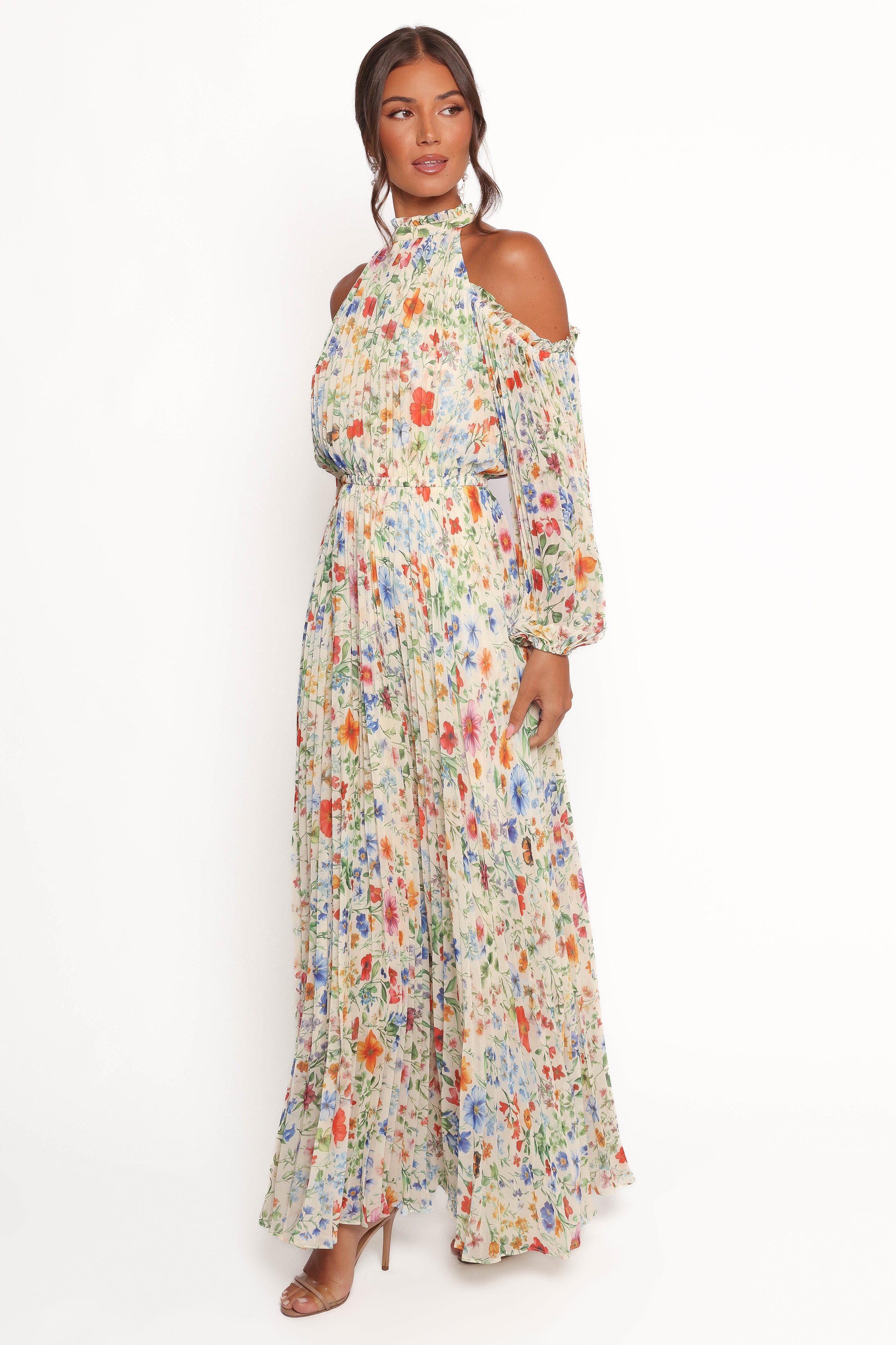 Hilary Pleated Maxi Dress - Floral Garden Print Women's Long Dress for Summer, Beach, Wedding & Special Occasions