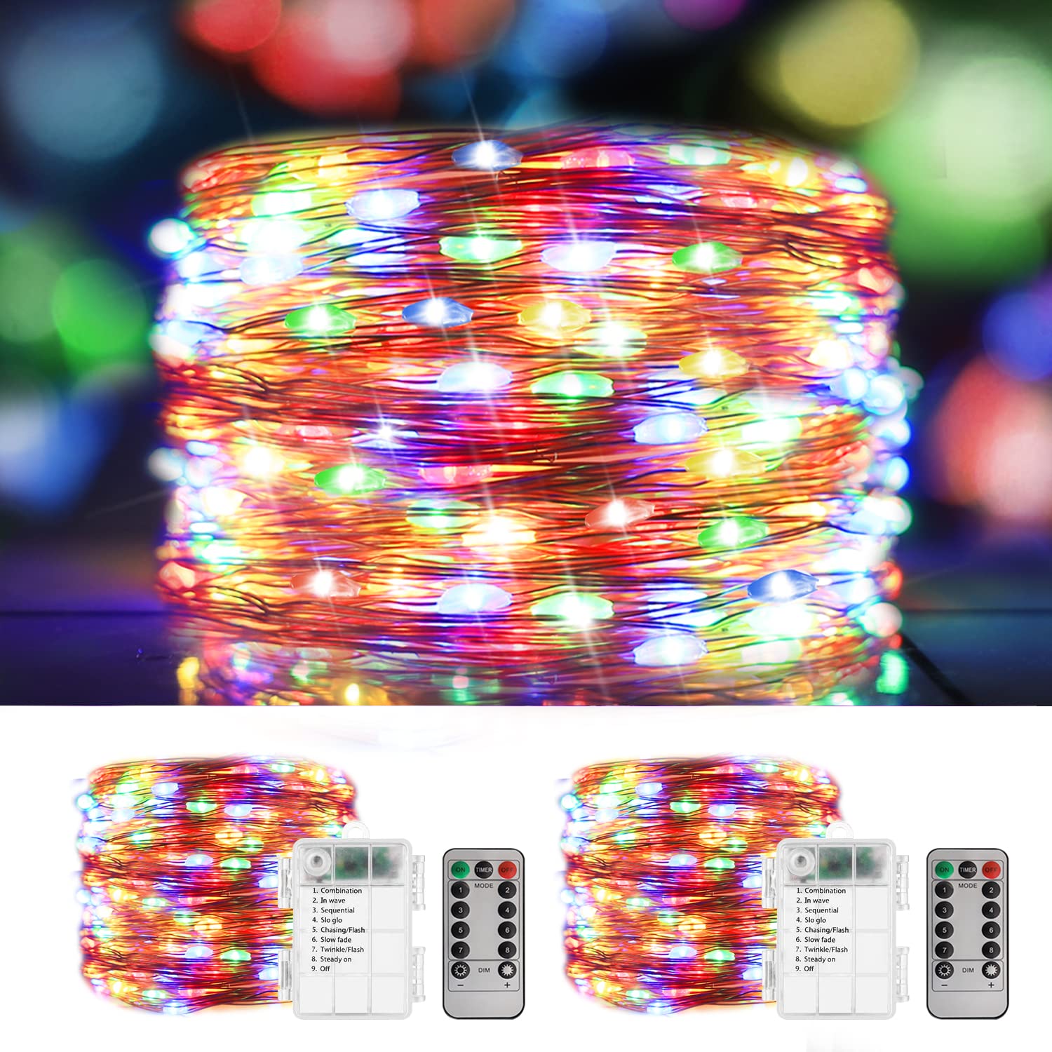 100 LED Christmas String Lights - 2 Pack Colorful Fairy Lights with Remote Control, Battery Operated & Waterproof for Indoor/Outdoor Use - Perfect for Home, Bedroom, Garden, Patio, Xmas Tree & Holiday Decorations