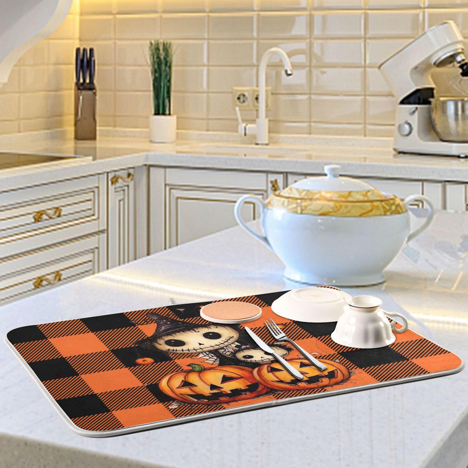 **Orange Plaid Halloween Pumpkin Dish Drying Mat – Absorbent Microfiber Kitchen Counter Protector (16