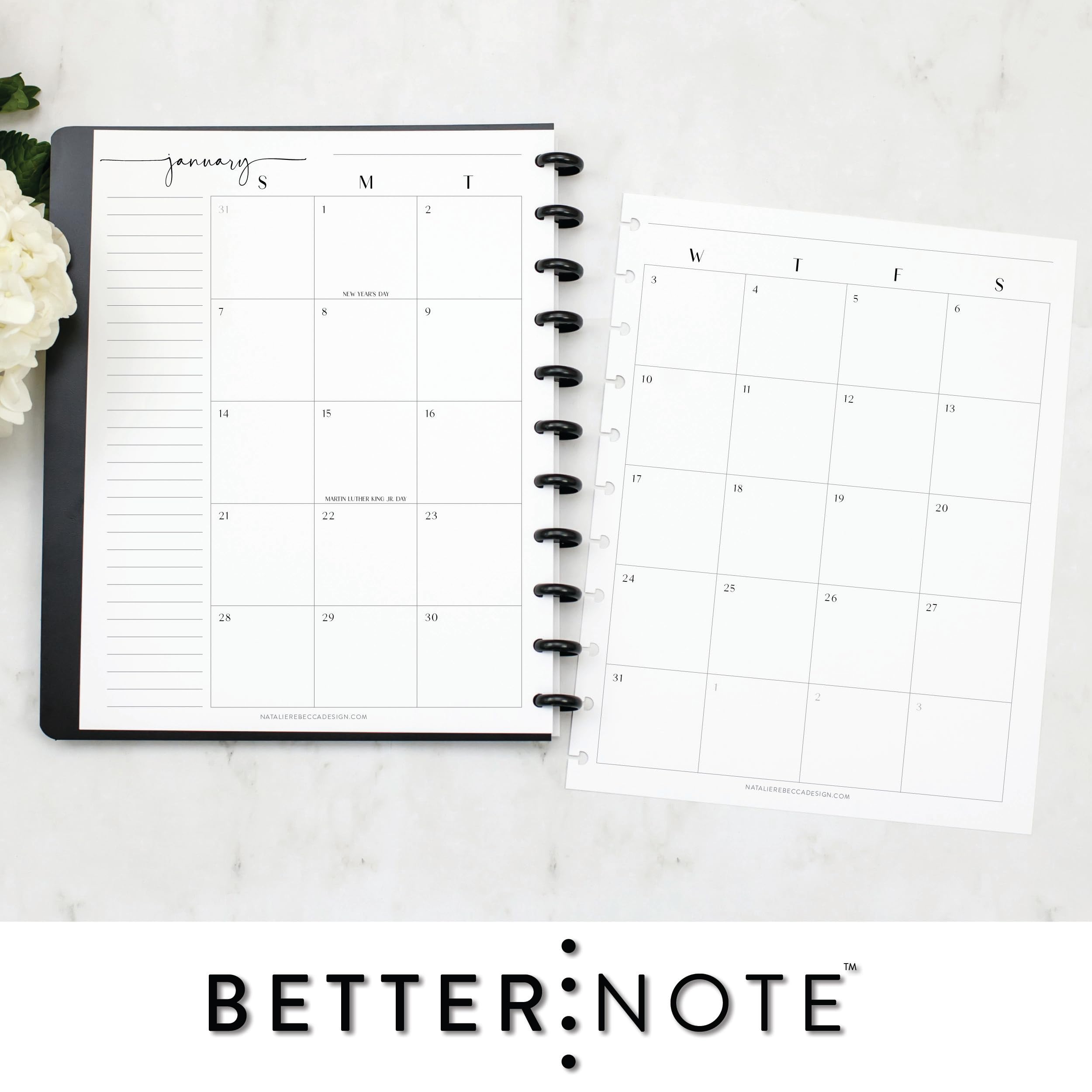BetterNote 2025 Vertical Calendar Refill for Discbound Notebooks - Fits Levenger Circa, Happy Planner, Staples Arc, TUL, InkWell Press, MAMBI, NOTIQ - Modern 11-Disc 8.5