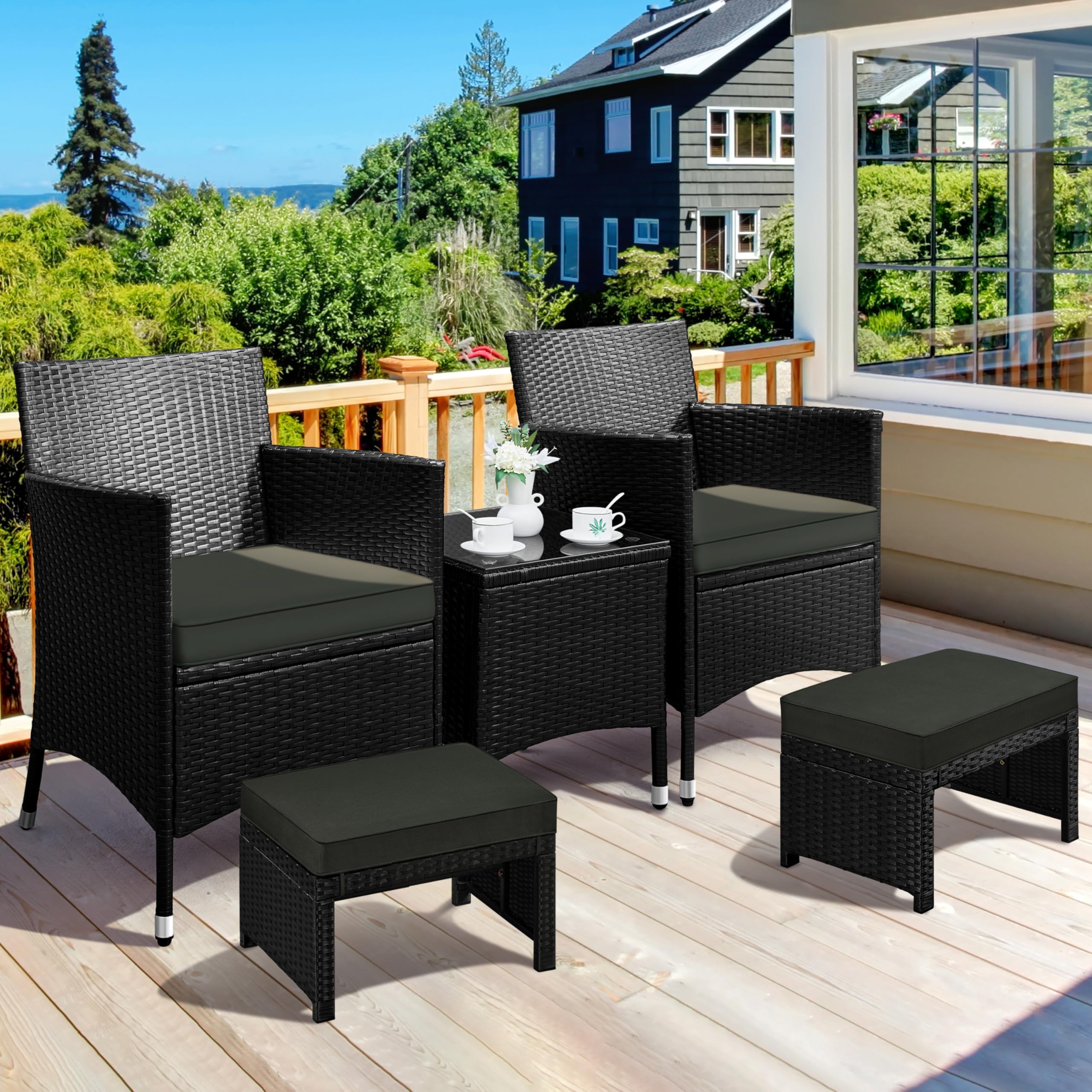 Yaheetech 2-Piece Wicker Ottoman Set with Removable Cushion - PE Rattan Footrest & Side Table, Multipurpose Outdoor Furniture for Patio, Backyard, Garden or Poolside - Black/Gray