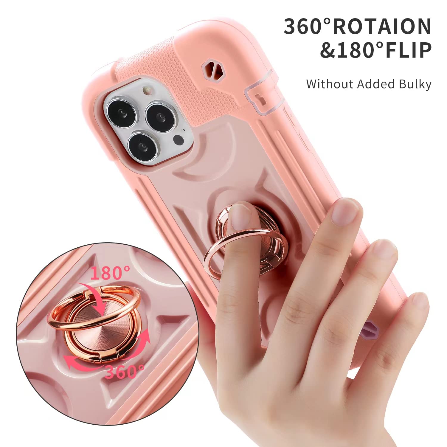 Premium Shockproof iPhone 13 Pro Max Case 6.7 Inch with Ring Stand - Includes 2 Pack Tempered Glass Screen Protector + Camera Lens Protector - Heavy Duty Protective Cover (Pink) - Perfect for Work, Travel & Outdoor Activities
