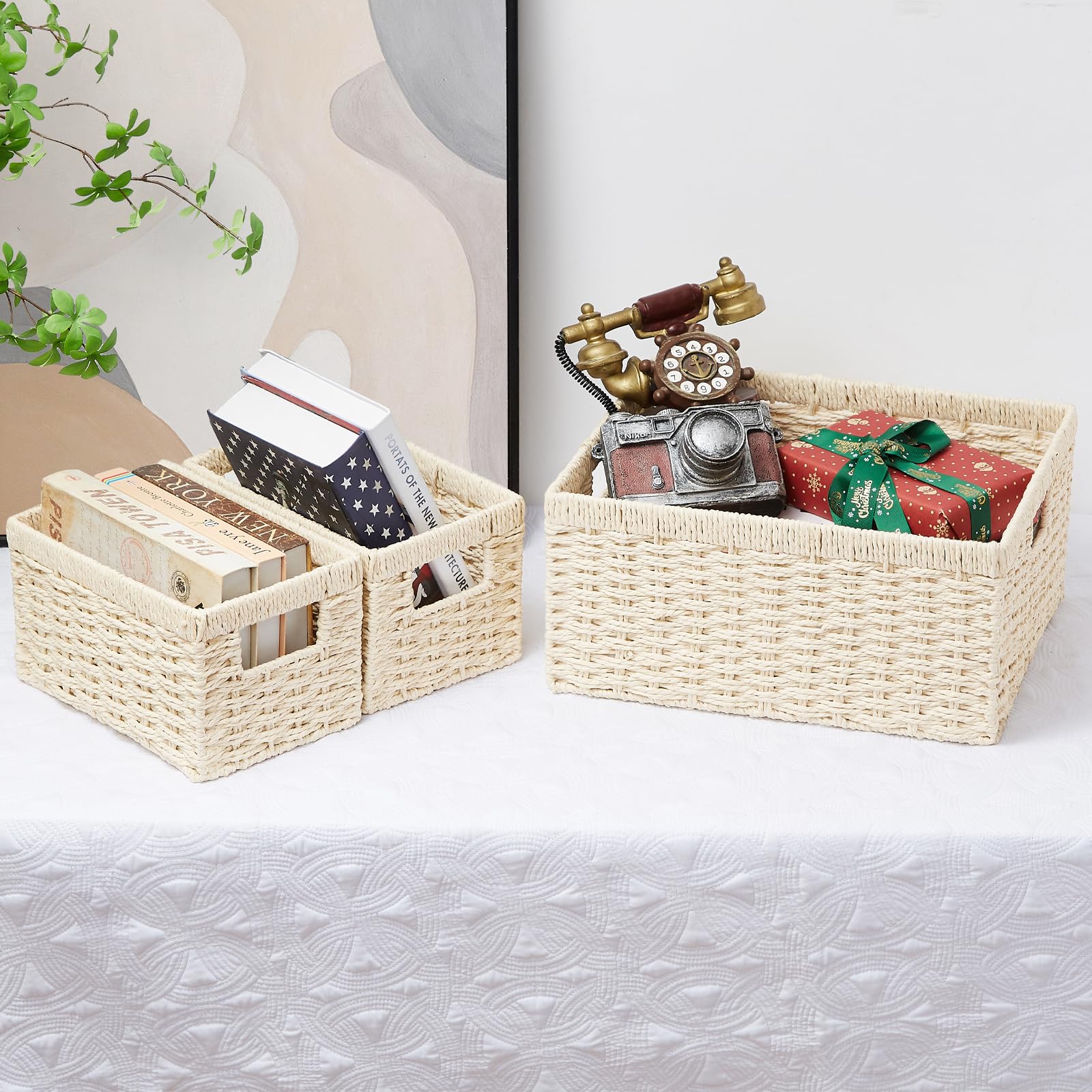Vagusicc 6-Piece Woven Paper Rope Storage Basket Set - Large Cube Organizer Bins for Shelves, Bathroom, Living Room & Bedroom - Beige Wicker Baskets for Toilet Paper, Toys, Blankets & Home Organization