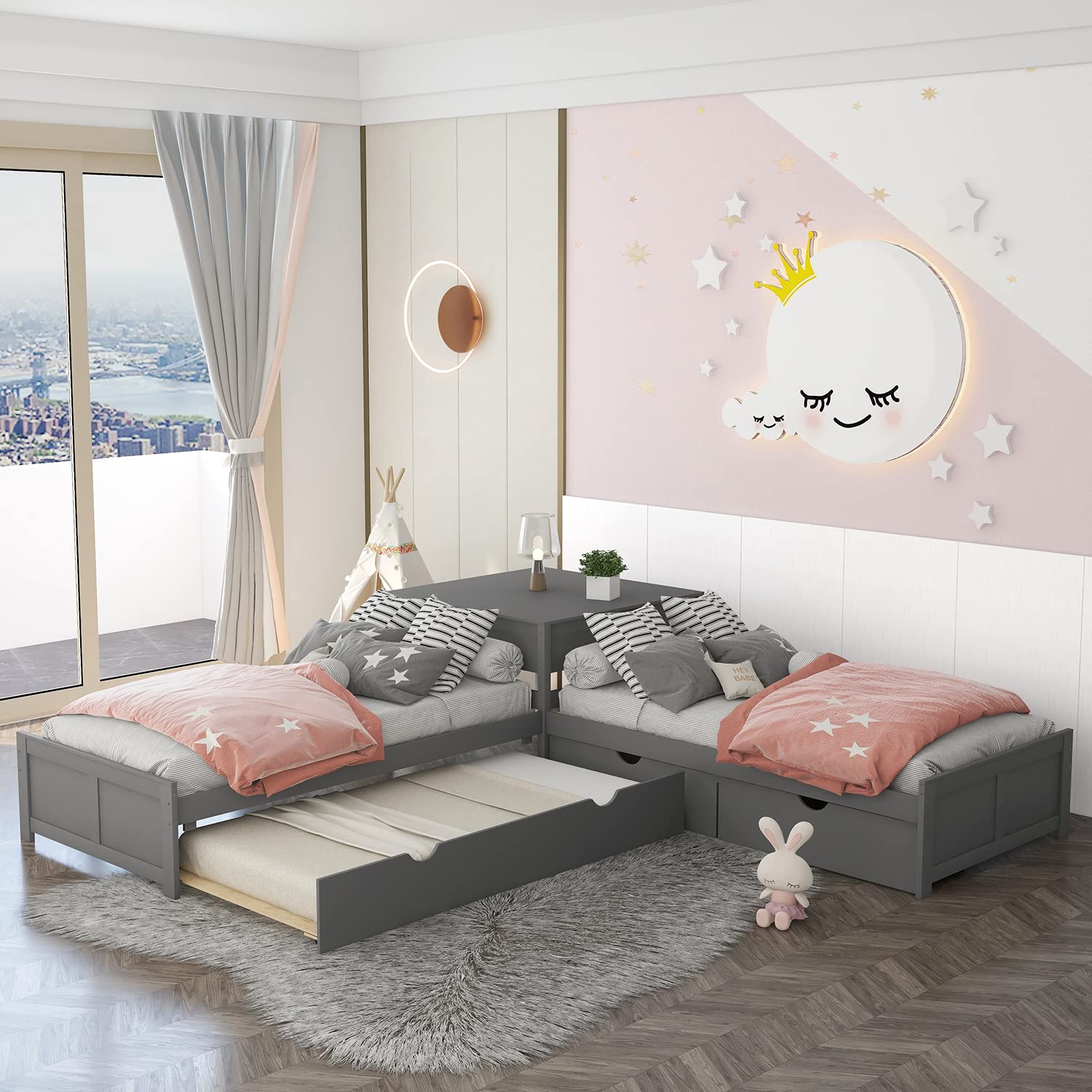 L Shaped Platform Bed with Trundle and Drawers - Wooden Twin Corner Bed Frame with Built-in Desk for 3 People - Gray - Perfect for Small Bedrooms, Kids Rooms & Shared Spaces