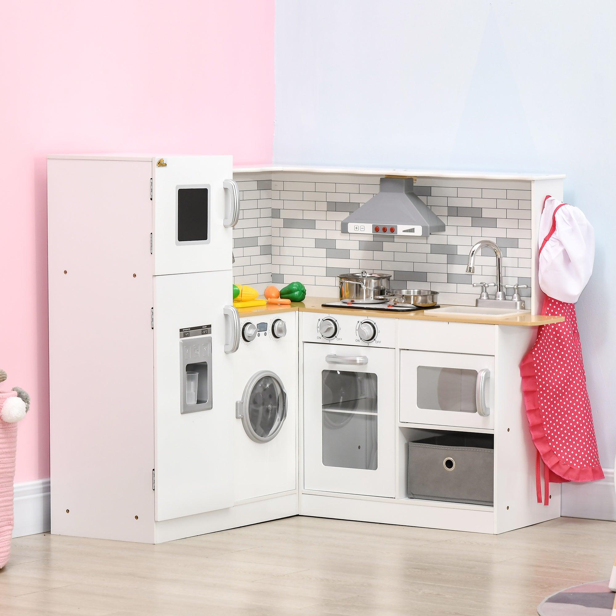 **Large Wooden Play Kitchen Set for Kids Ages 3-6 – Interactive Corner Kitchen with Sound Effects, Spacious Countertop, Washing Machine, Food Toys & Ice Maker – Perfect for Pretend Play, Birthday Gifts & Daycare Fun (White)**