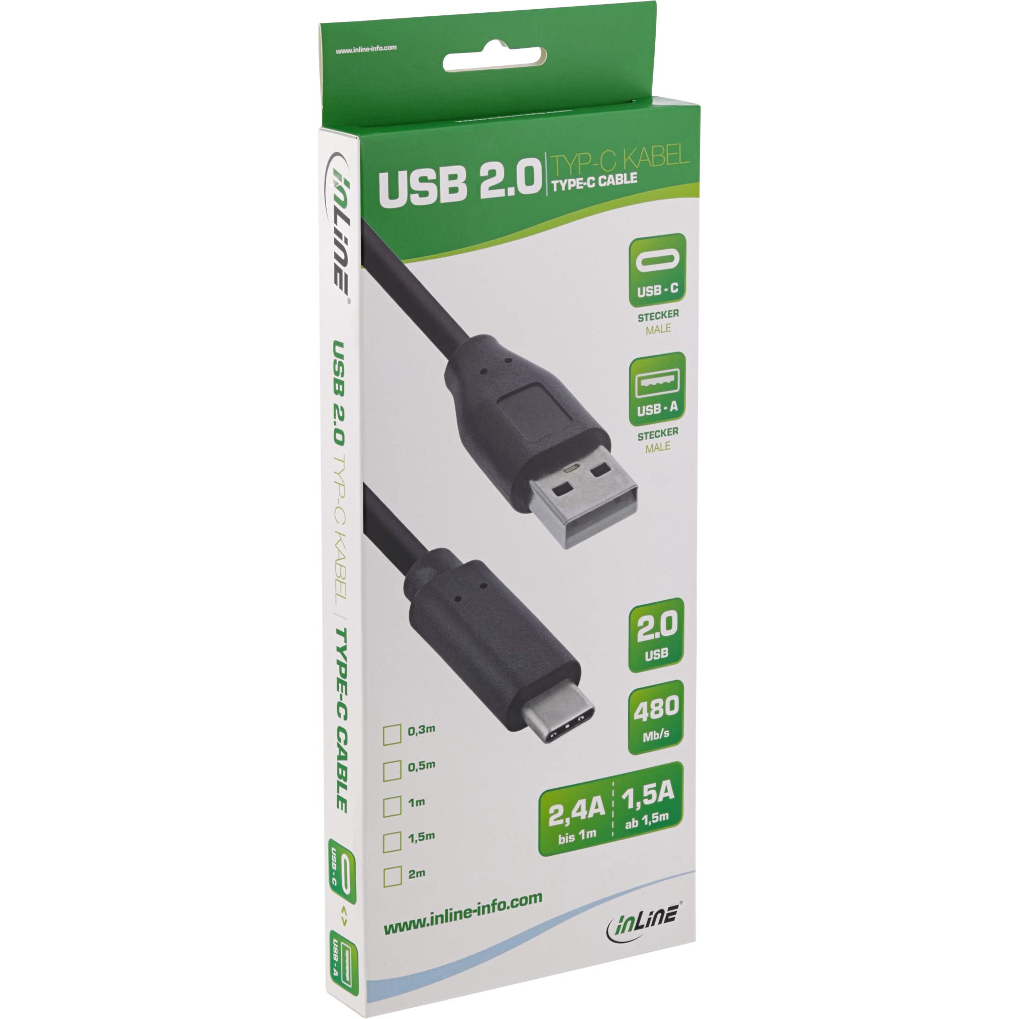 InLine 35733 USB 2.0 Type-C to USB-A Cable - 3m/10ft High Speed Charging & Data Sync Cable for Smartphones, Laptops, Tablets - Durable Nylon Braided Black Cable for Home, Office & Travel Use