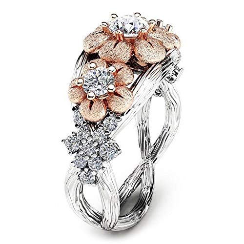 Rose Gold Floral Ring for Women - 925 Silver Plated Cubic Zirconia Flower Engagement Ring, Wedding Band, Bridal Jewelry - Perfect for Valentine's Day, Anniversary, Proposal and Everyday Elegant Wear