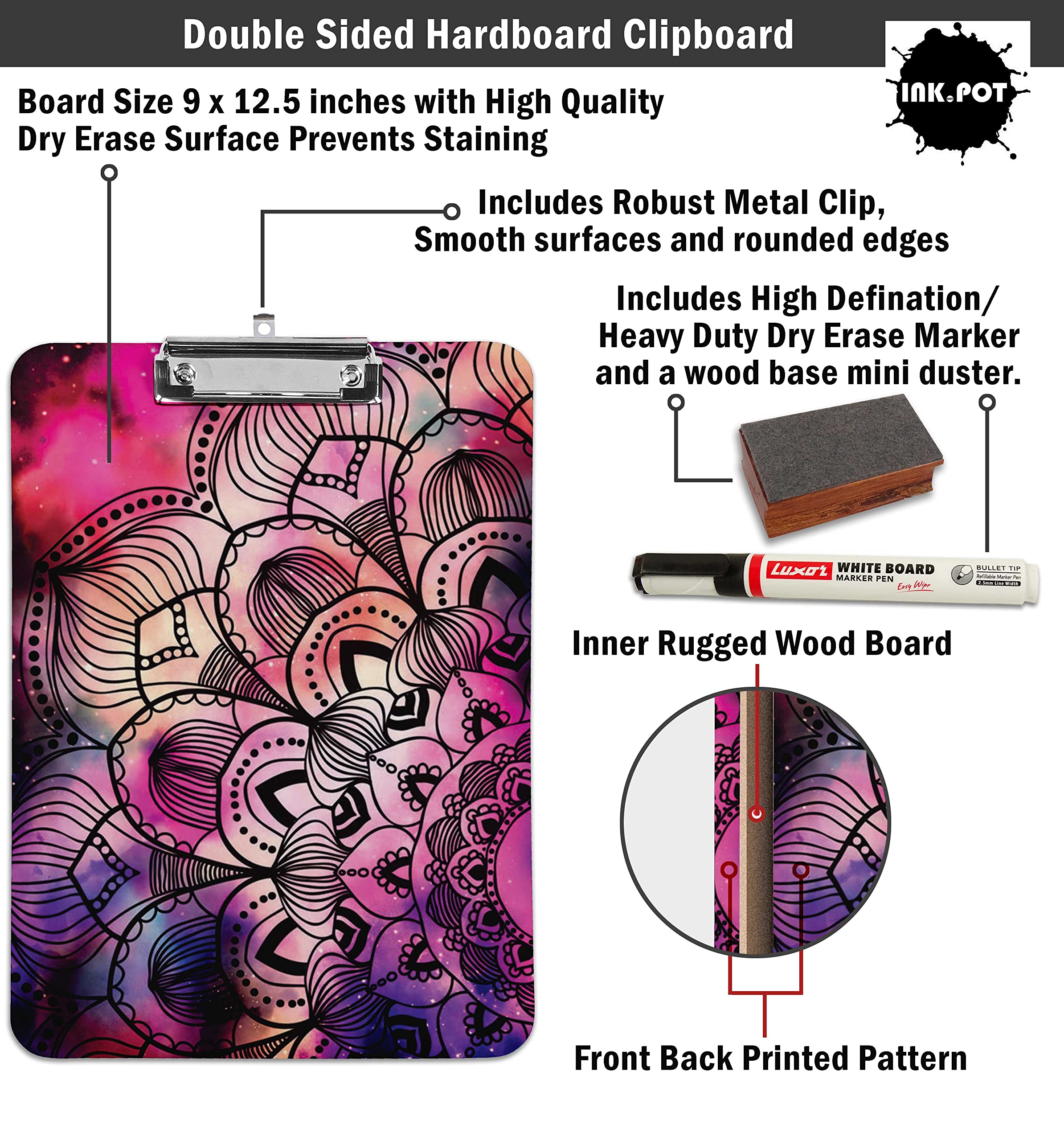 Double Sided Dry Erase Clipboard 9x12.5 - Letter Size with Marker & Duster for Office & School