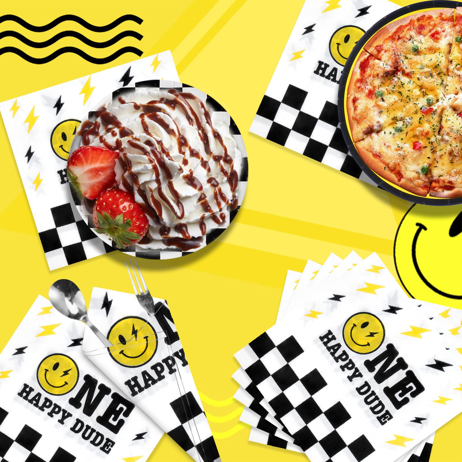 One Happy Dude Birthday Party Supplies Set - 25 Yellow Smile Face Paper Plates, Cups & Napkins | Disposable Tableware for Birthday, Baby Shower, Wedding & Bachelor Party Decorations | Perfect for Indoor & Outdoor Celebrations