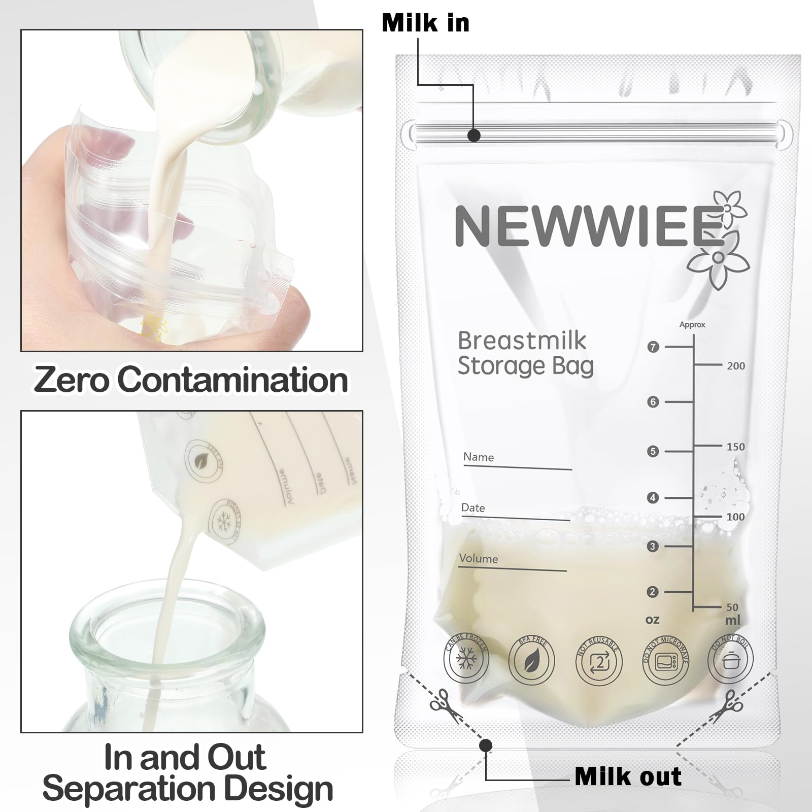 600 Count Breastmilk Storage Bags - 7oz Leakproof Freezer Bags for Breastfeeding Moms with Double Seal, Self Standing Design for Refrigeration & Freezing (Gray) - Perfect for Pumping, Storing & Organizing Breast Milk at Home or Work