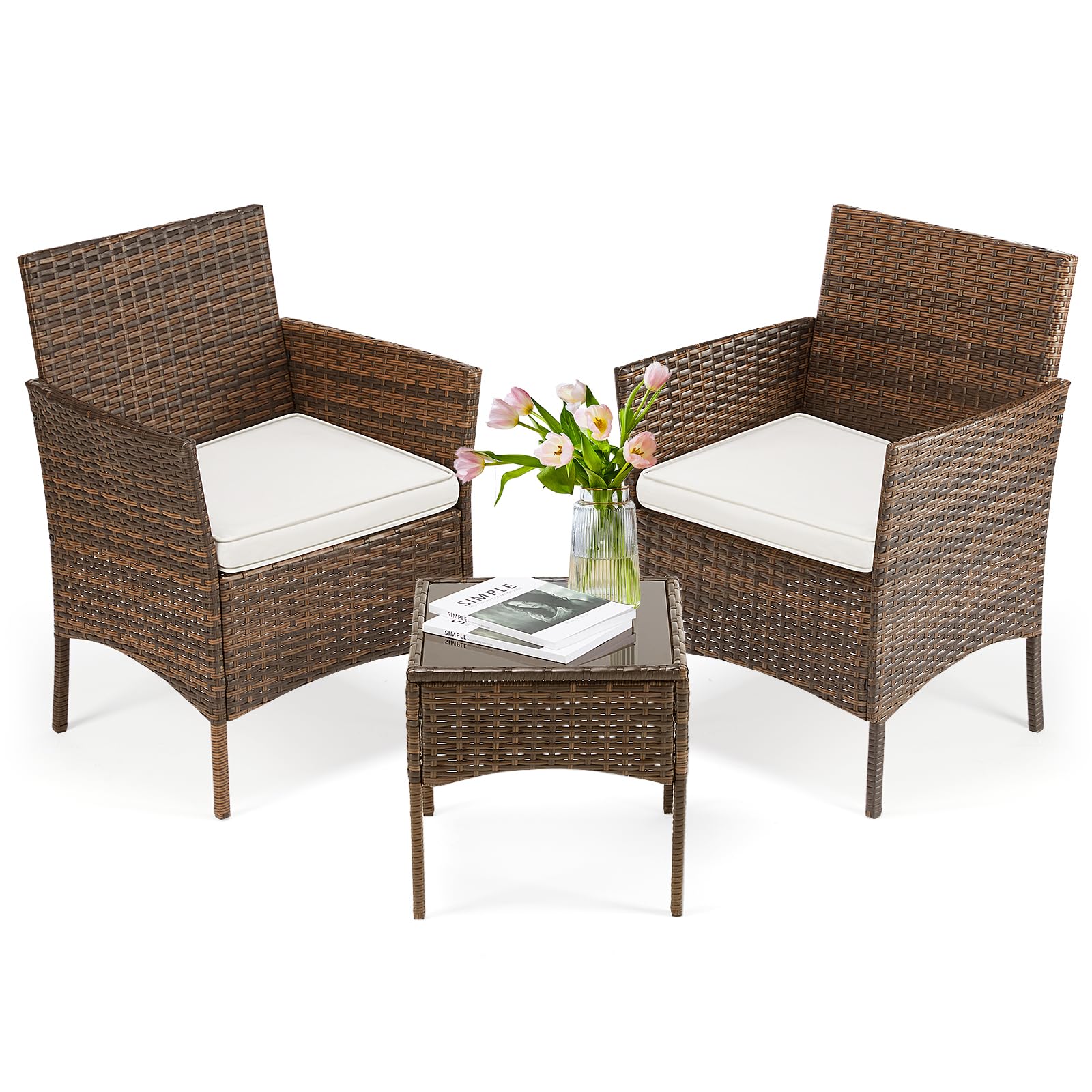 DUMOS 3-Piece Patio Furniture Set - Modern Outdoor Wicker Sofa & Coffee Table Conversation Set, All-Weather Rattan Chairs for Garden, Terrace, Porch, Balcony, Backyard (Brown & Beige) | Perfect for Relaxing, Entertaining & Outdoor Dining