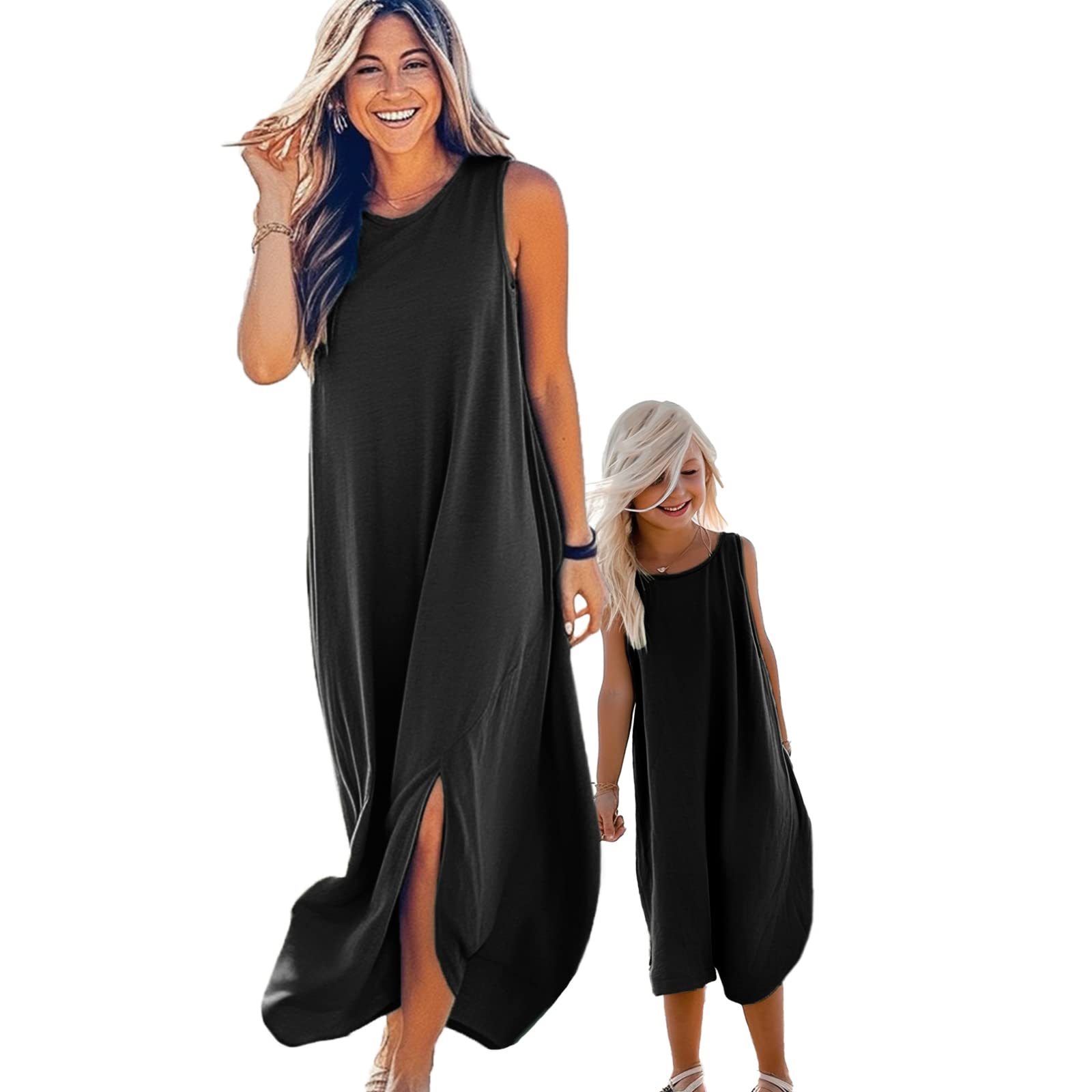 IFFEI Mommy and Me Dresses for Women - Casual Loose Sleeveless Split Maxi Sundress with Pockets | Summer Beach Wear, Family Matching Outfits, Vacation Dress