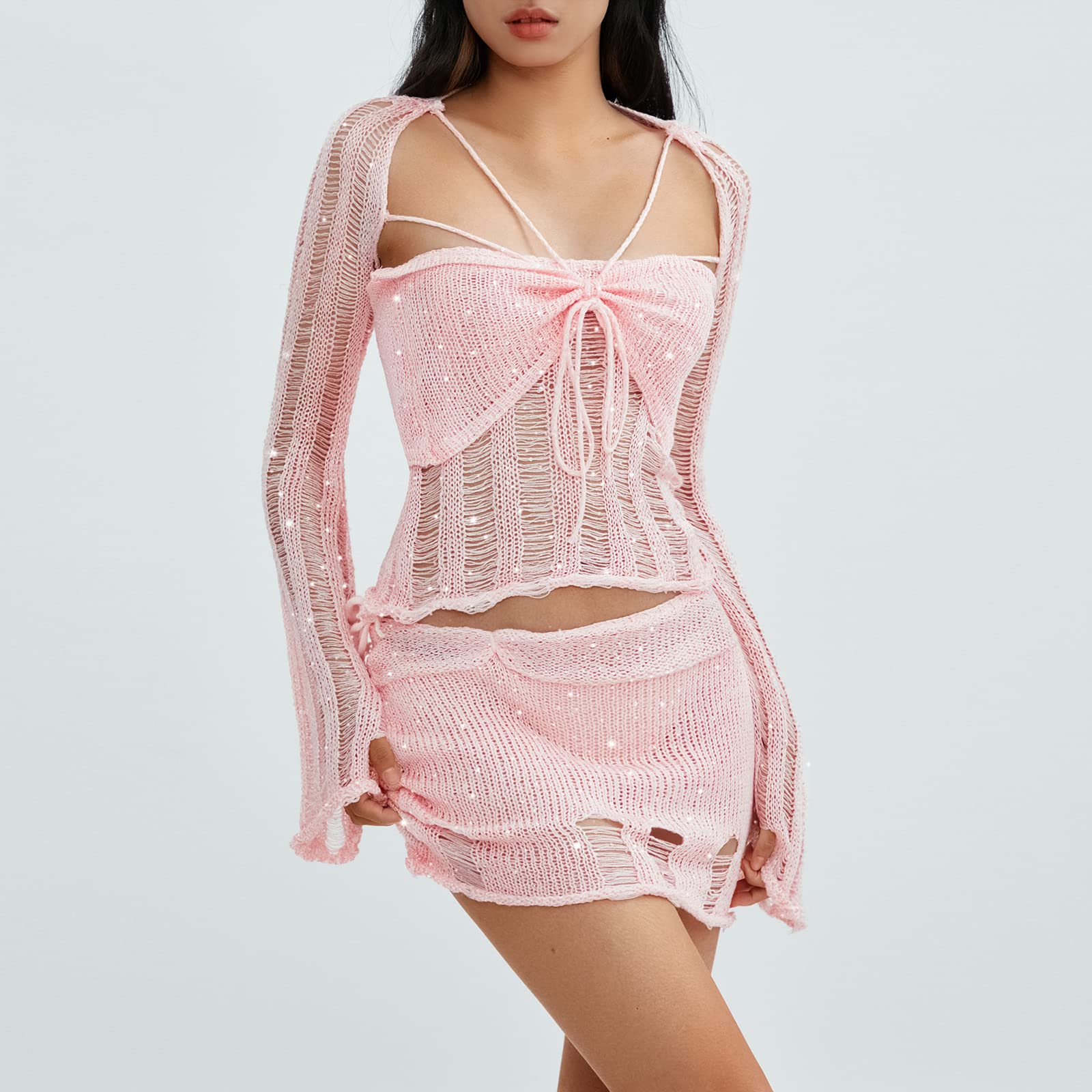 Juakoso Women's Lace Two Piece Outfit - Long Sleeve Lace Patchwork Crop Top & Bodycon Mini Skirt Set | Y2K Streetwear for Night Out, Party, and Casual Wear