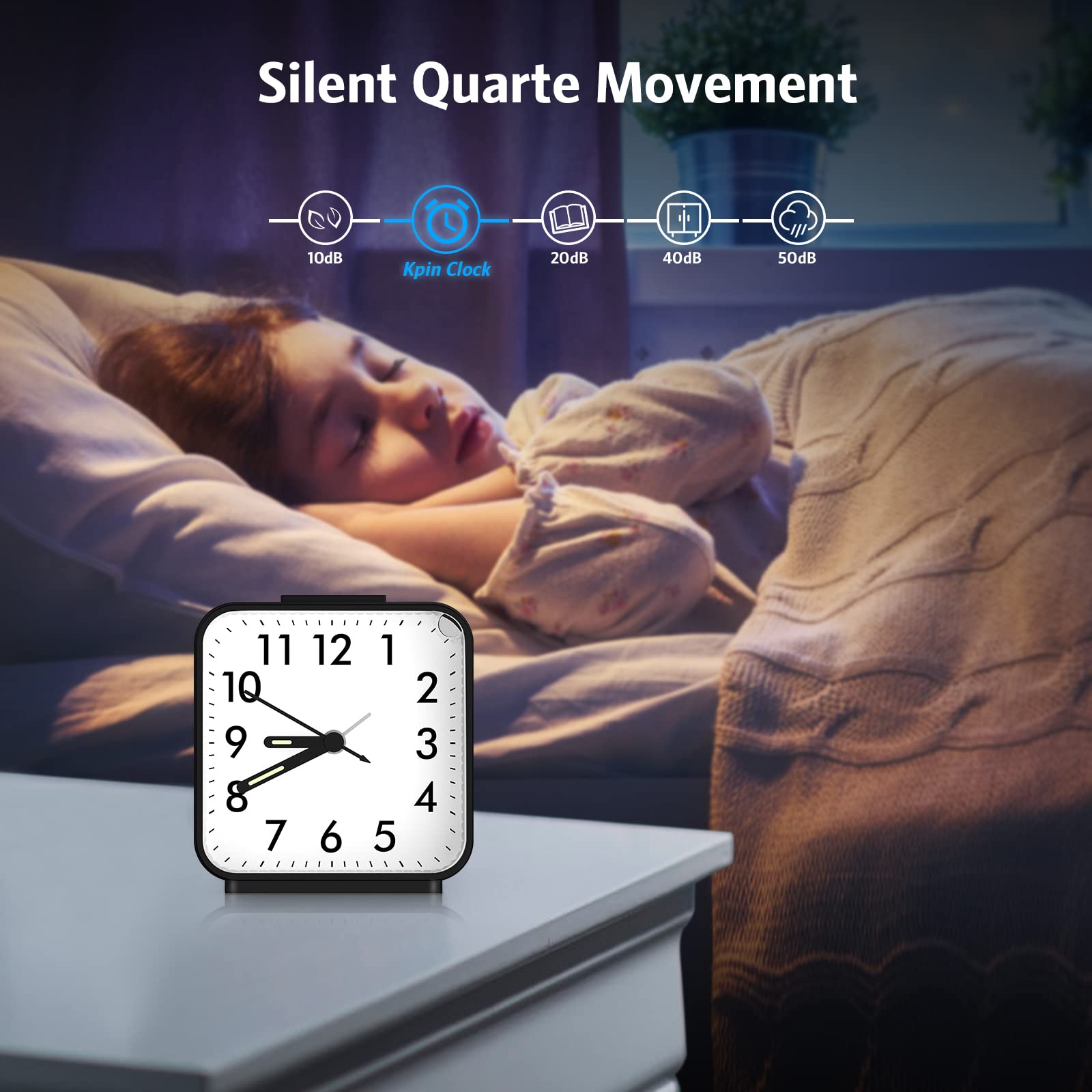 Brifit Silent Alarm Clock - Battery Powered Non-Ticking Bedside Clock with Luminous Hands, Large Display & Snooze Function - Perfect for Heavy Sleepers, Travel, Bedroom & Office Use - Easy to Read Black Clock with Night Light