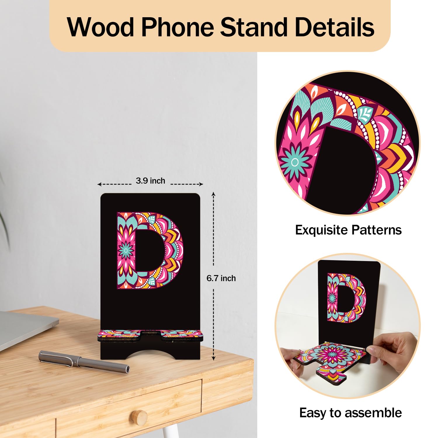 Personalized Initial Wooden Phone Stand - Universal Cell Phone Holder for Desk & Office with Charging Hole, Compatible with All Smartphones & Tablets | Perfect for Home, Office, Video Calls & Hands-Free Viewing