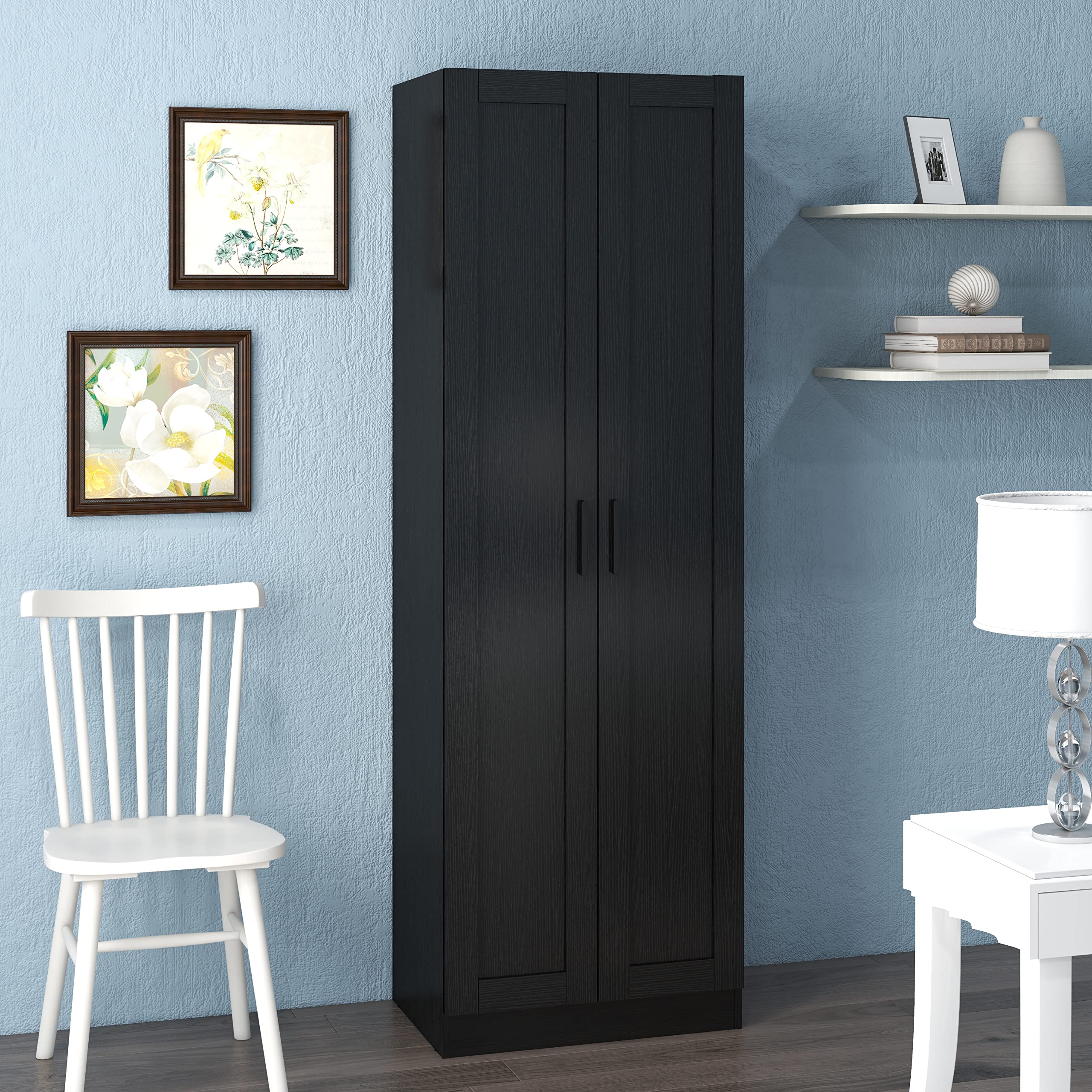 Panana 45-Inch Tall Wooden Storage Cabinet with 2 Doors & Adjustable Shelves - Freestanding Narrow Pantry Organizer for Kitchen, Bathroom or Office (Black)
