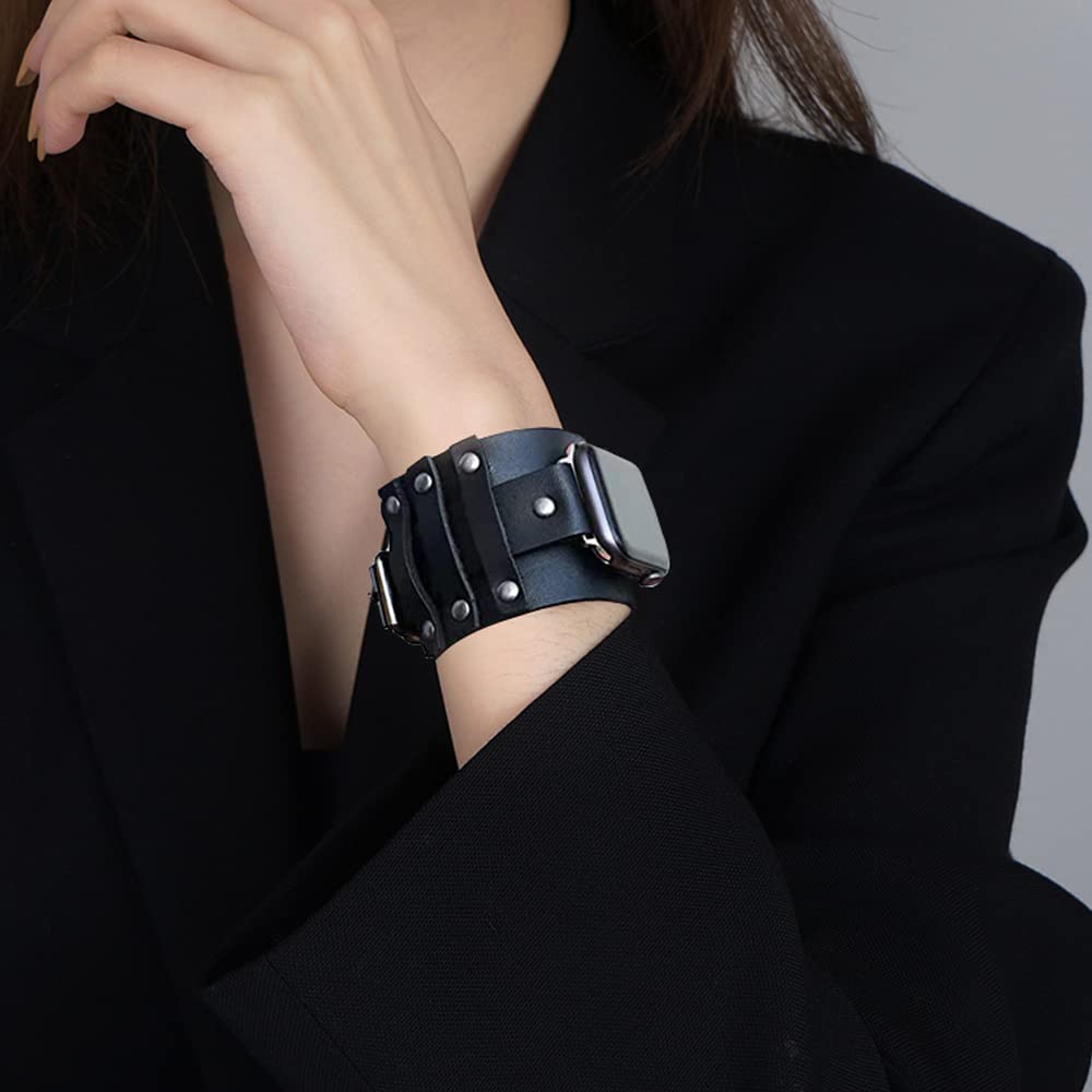 Vintage Wide Leather Apple Watch Band Compatible with Series 7/6/5 - Stylish & Durable Replacement Strap for Men & Women (Black) | Perfect for Business, Casual Wear & Everyday Use