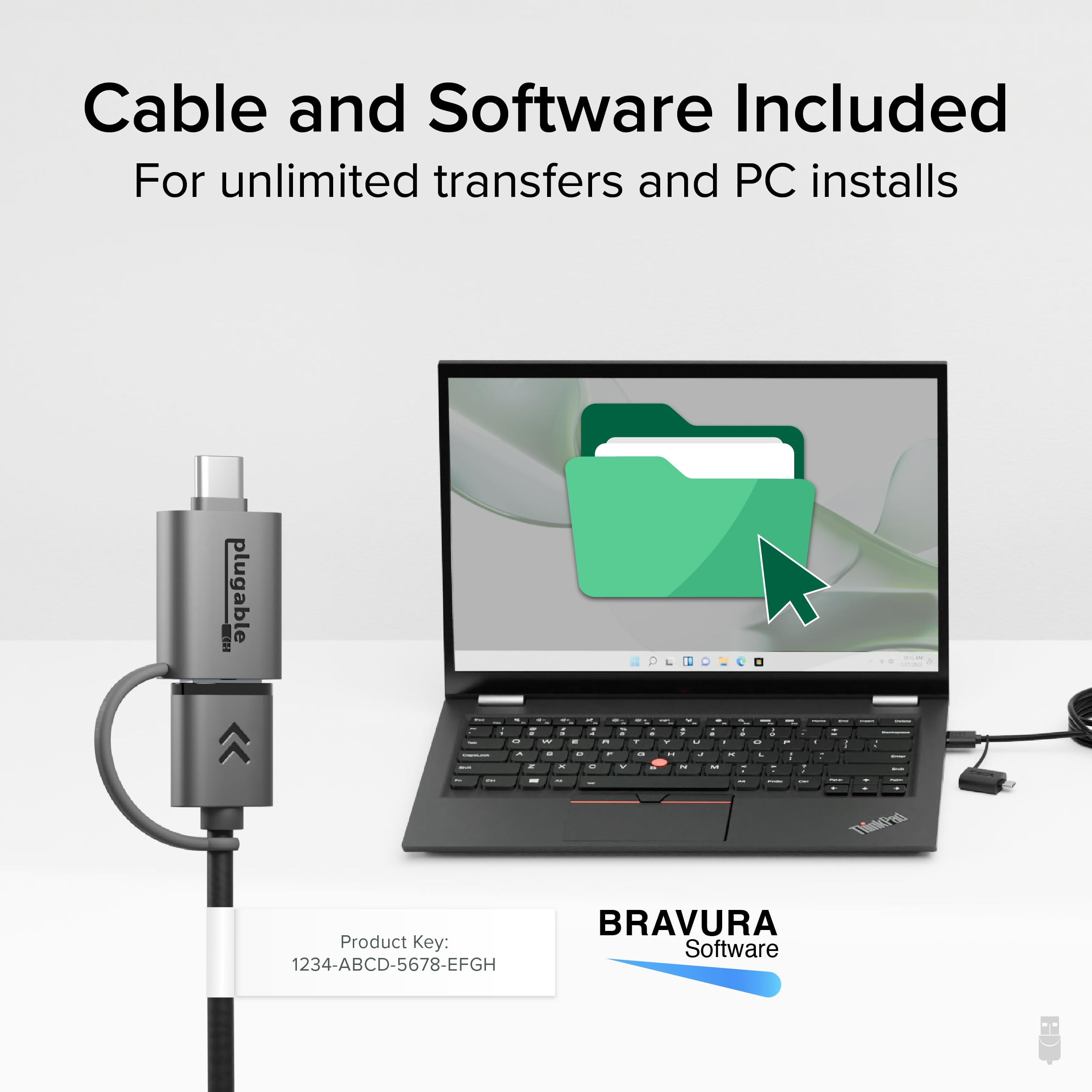 Plugable USB 3.0 to USB C Data Transfer Cable - 6.6ft PC to PC File Sync Cable for Windows | Fast Data Migration Between Computers | Includes Bravura Easy Computer Sync Software | Perfect for Upgrading to New Laptop or Transferring Files Between Devices (USBC-TRAN)