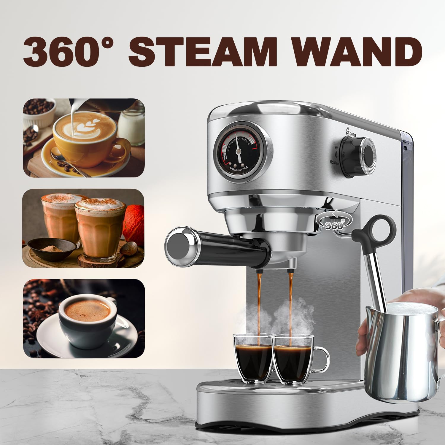 Beiooya 20 Bar Espresso Machine with Milk Frother - Professional Stainless Steel Coffee Maker for Home, 37oz Water Tank - Perfect for Cappuccino, Latte & Espresso - Ideal Gift for Coffee Lovers (Mom, Dad) - Great for Home Brewing, Entertaining & Gifting