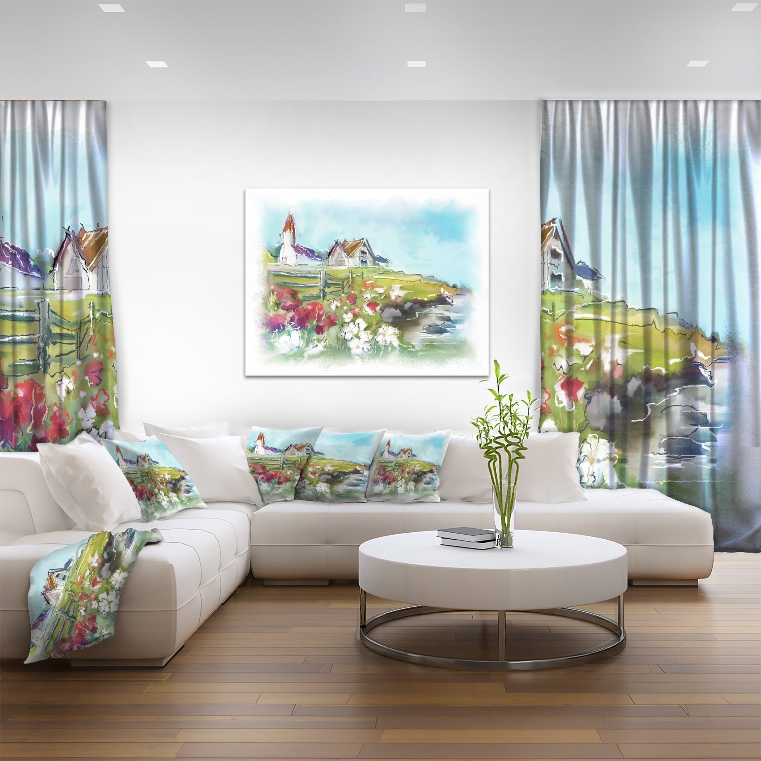 Green Meadow Landscape Painting - Buildings in Nature Canvas Print Wall Art for Living Room, Bedroom & Office Decor