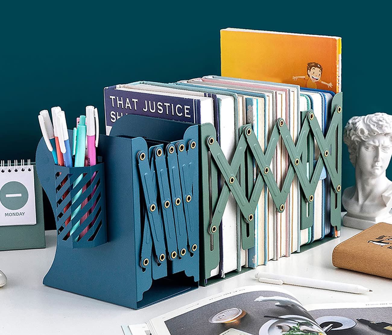 Kingsmile Metal Bookends for Heavy Books - Sturdy Book Stoppers for Shelves, Kids Room, Home Office, Classroom & Library - Includes Removable Pen Holder (Green) - Perfect for Organizing Textbooks, Cookbooks & Decorative Displays