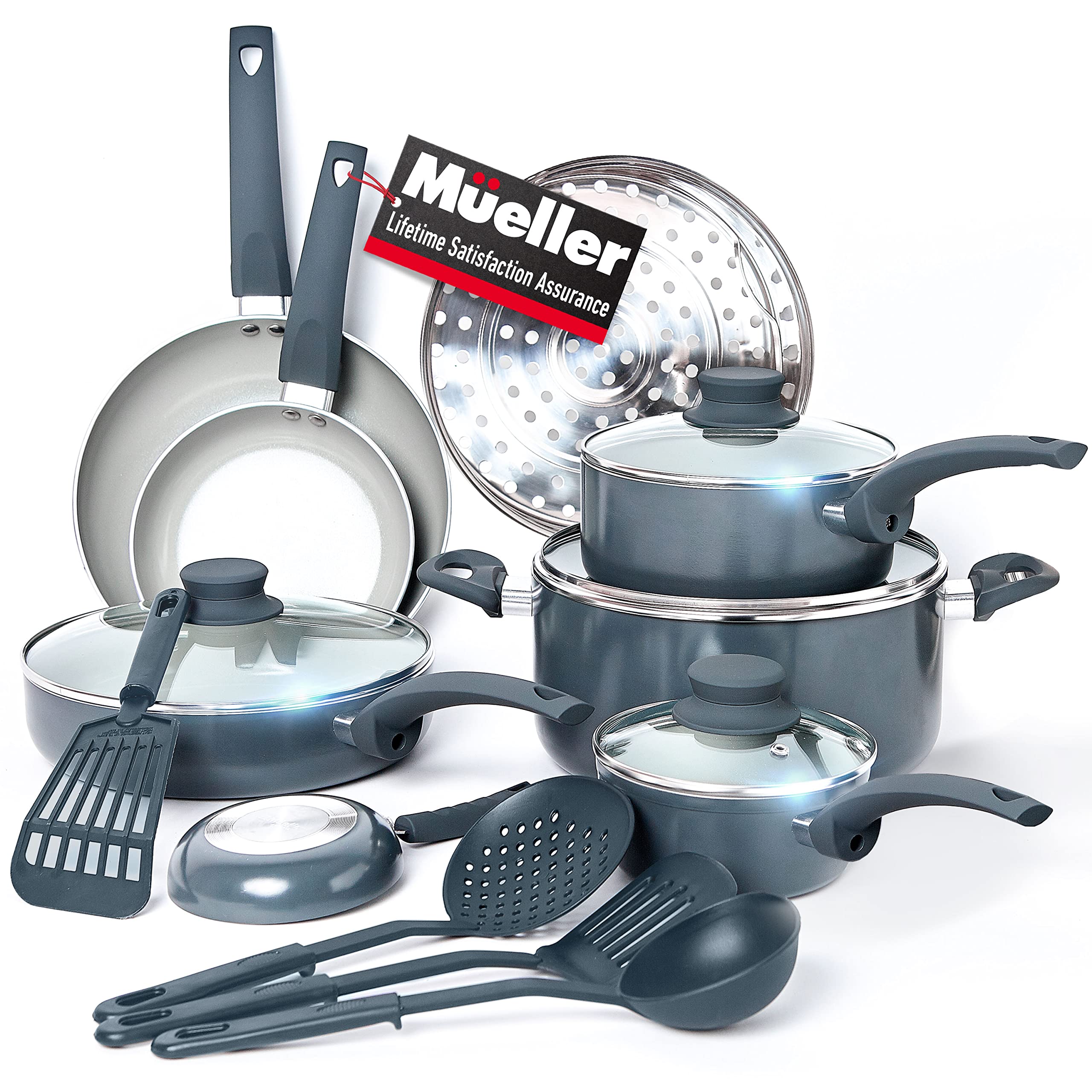 Mueller 16-Piece Nonstick Cookware Set - Healthy Stone Coated Pots & Pans with Glass Lids | Includes Fry Pan, Sauce Pan, Stock Pot & Steamer | Dishwasher Safe & PFOA-Free for Healthy Cooking | Perfect for Frying, Boiling, Steaming & Everyday Meal Prep