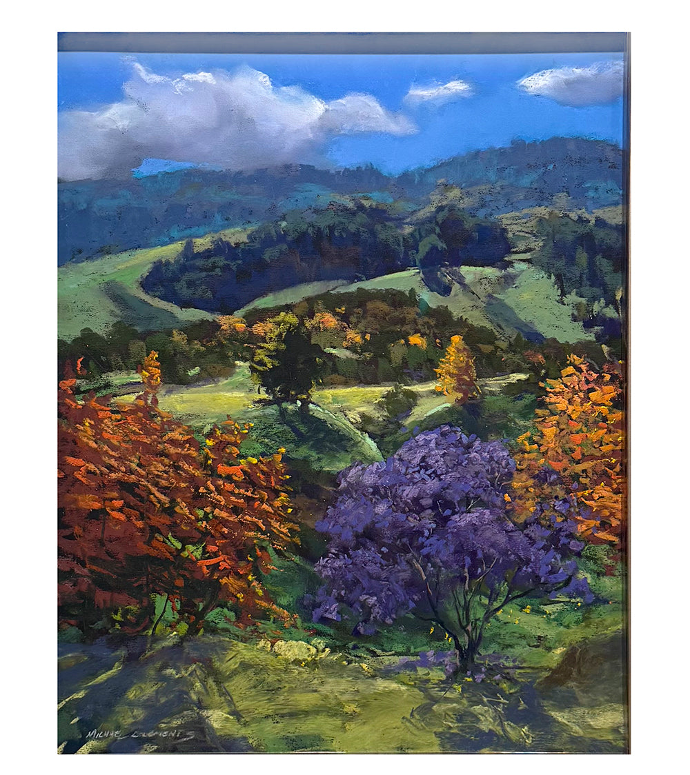 Original Pastel Painting Silk Oaks Jacaranda by Michael Clements 14x17 Inch - Handmade Floral Wall Art for Living Room, Bedroom & Office Decor