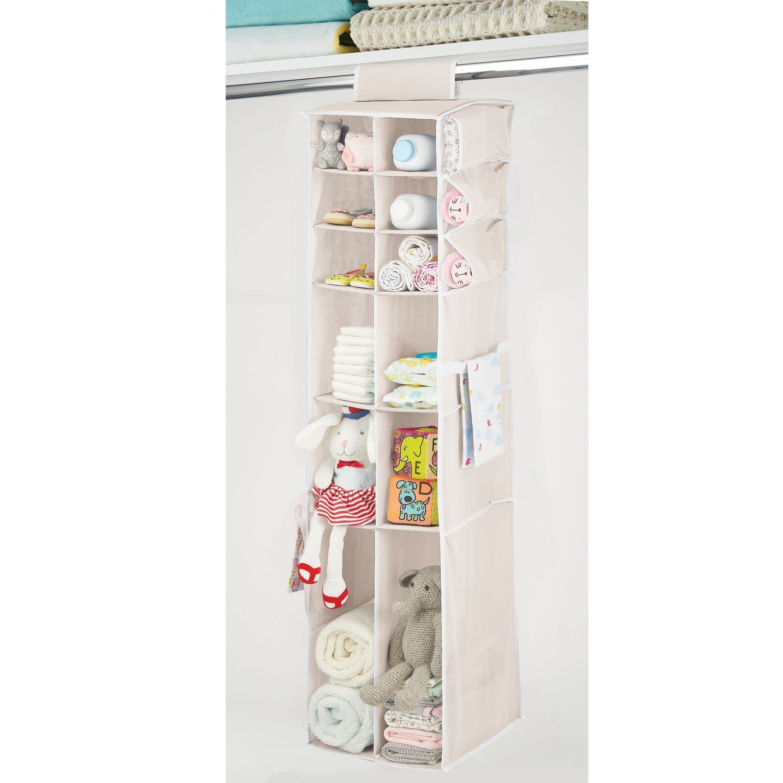 mDesign 12-Shelf Fabric Closet Organizer with Side Pockets - Soft Hanging Storage for Nursery, Kids Room - Perfect for Diapers, Wipes, Lotions & Toys (Cream/White) | Space-Saving Baby & Child Organization Solution