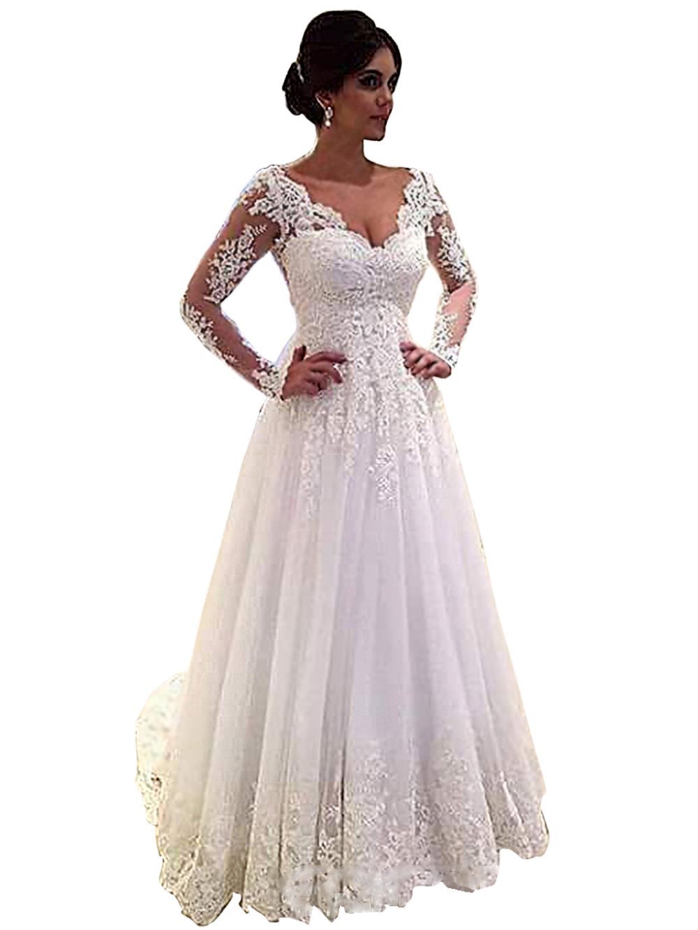 Elegant Long Sleeve Lace V-Neck Backless Wedding Dress with Train - Perfect for Bridal Ceremonies, Vows & Romantic Photoshoots