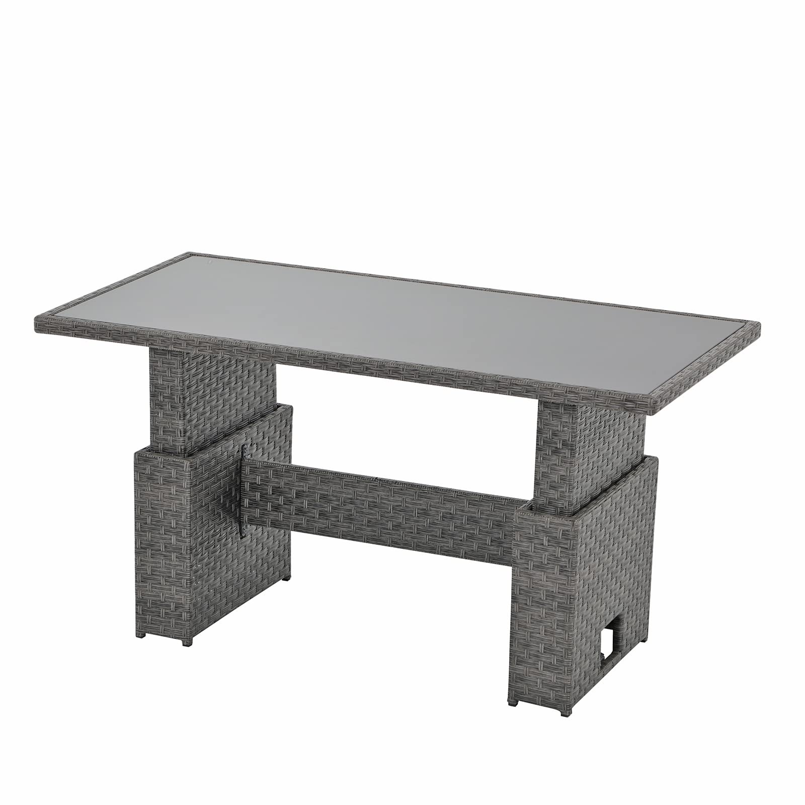 Outdoor Patio Lift Dining Table - Rectangle Wicker Coffee Table with Tempered Glass Top | Multi-Function Furniture for Backyard, Deck, Garden | Grey | Perfect for Outdoor Entertaining, Poolside Lounging & Alfresco Dining