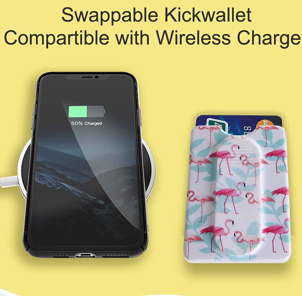Detachable Phone Wallet with Kickstand & Grip - Wireless Charging Compatible for iPhone & Smartphones (Blue Flamingo) - Perfect for Selfies & Hands-Free Use