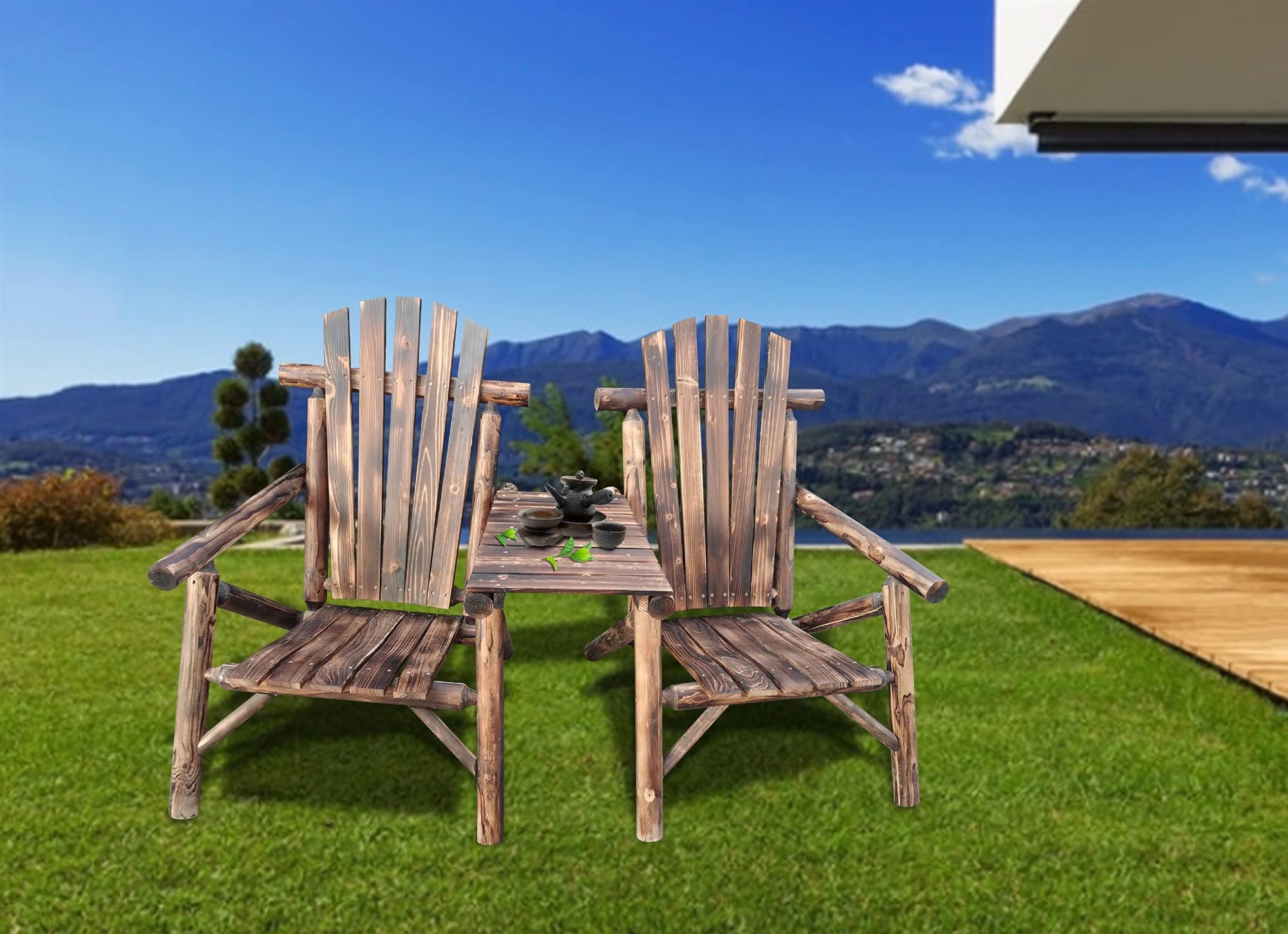 Carbonized Wood Patio Chair Bench with Center Coffee Table - Outdoor Double Seating Furniture for Garden, Deck, or Backyard (Color: Coffee)