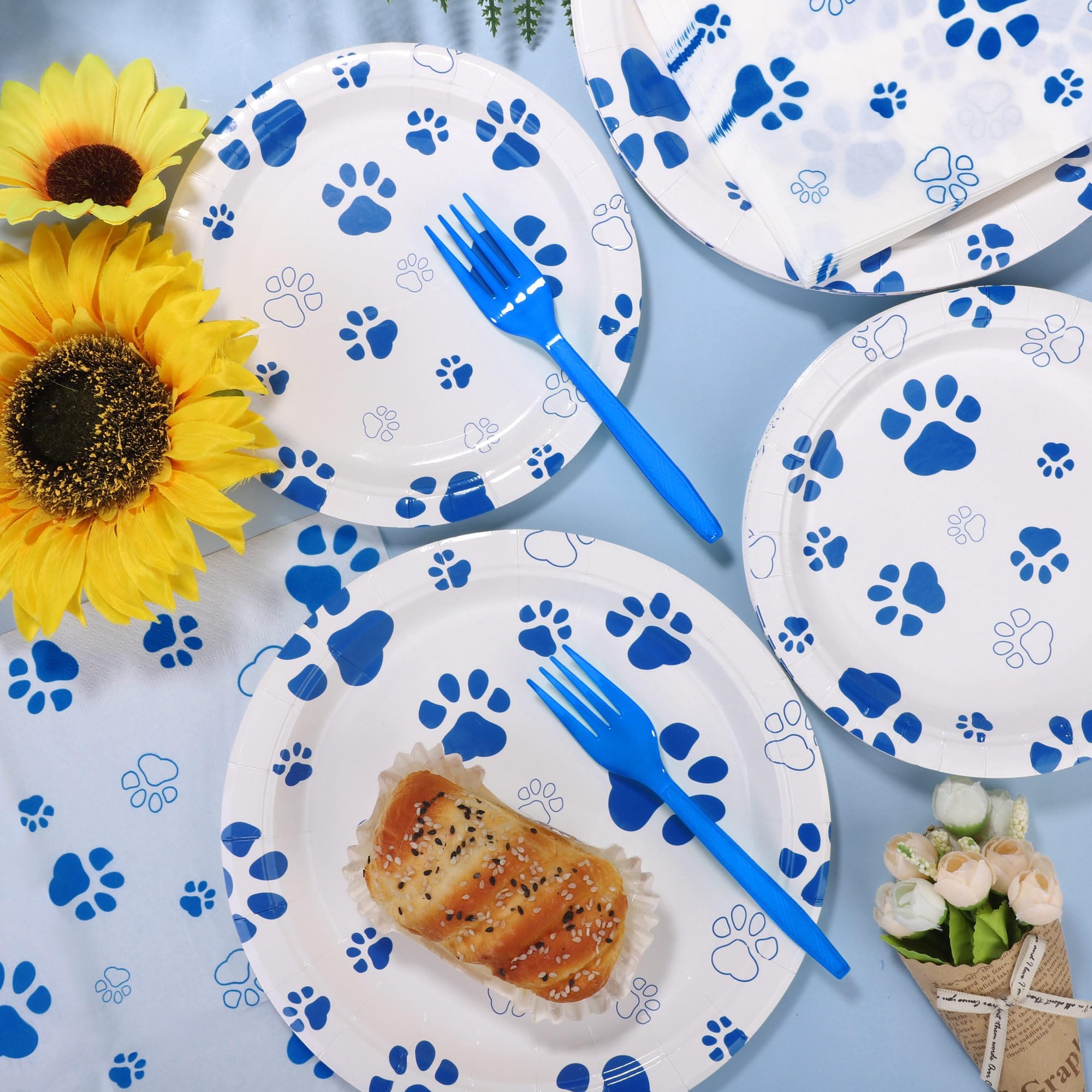 72-Piece Dog Paw Print Birthday Party Supplies Set - 32 Plates, 24 Napkins & 16 Forks | Blue Puppy Theme Party Decorations for Birthdays, Picnics, Baby Showers & Pet Celebrations