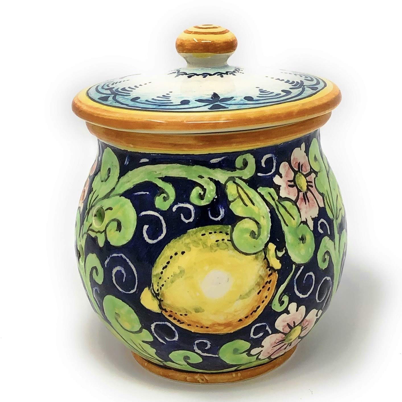 Italian Hand-Painted Tuscan Ceramic Garlic Jar Holder - Lemon Decor Art Pottery from Italy | Perfect for Kitchen Decor, Gift Ideas & Mediterranean Style Homes