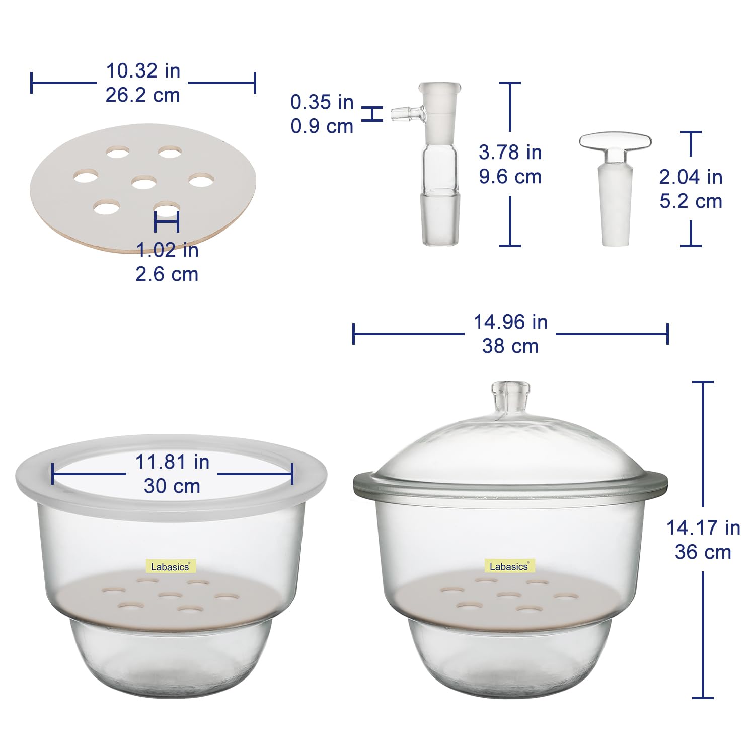 Labasics 11.8 Inch Glass Vacuum Desiccator with Porcelain Plate - Scientific Lab Equipment for Moisture-Sensitive Experiments, Chemical Storage & Research Applications