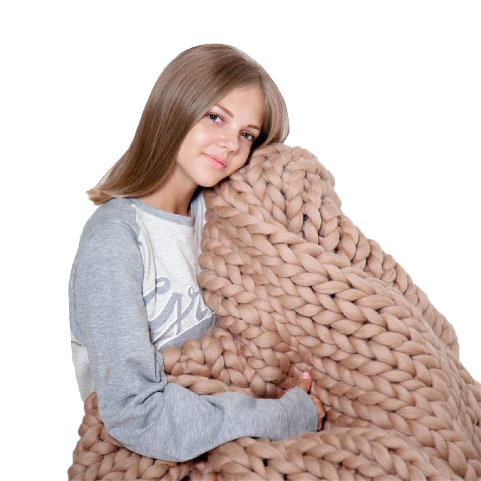 Chunky Knit Vegan Yarn Blanket - Soft Modern Throw for Bed, Couch & Yoga Mat - Warm Pet Bed & Home Decor Gift - 47x71 Inches (120x180cm) Khaki - Cozy for Winter Nights, Living Room & Outdoor Picnics