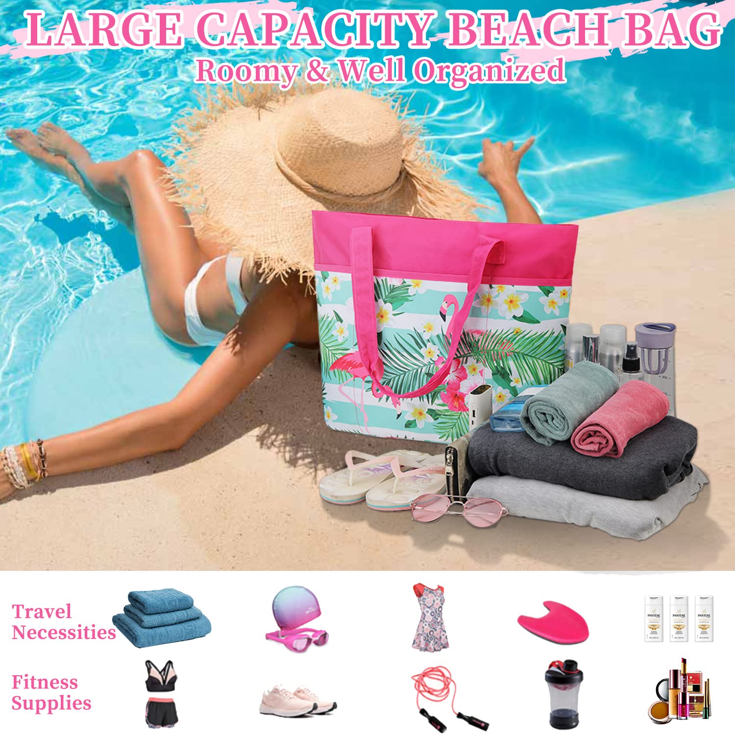 VX VONXURY Women's Large Lightweight Travel Gym Tote Bag - Water Resistant, Sandproof with Zipper & Dry Wet Separation - Perfect for Beach, Pool, Workout & Travel Accessories