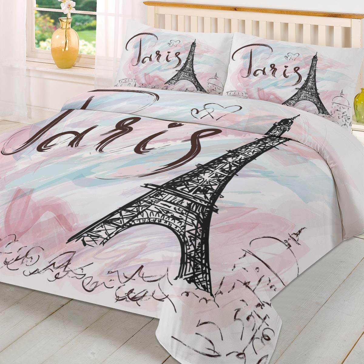 Premium Washed Microfiber Quilt Cover Set - California King Size 3-Piece Bedding | All-Season Luxury Soft Feel with Wrinkle-Resistant Easy Care | Paris Eiffel Tower & Love Heart Pink Design for Romantic Bedroom Decor